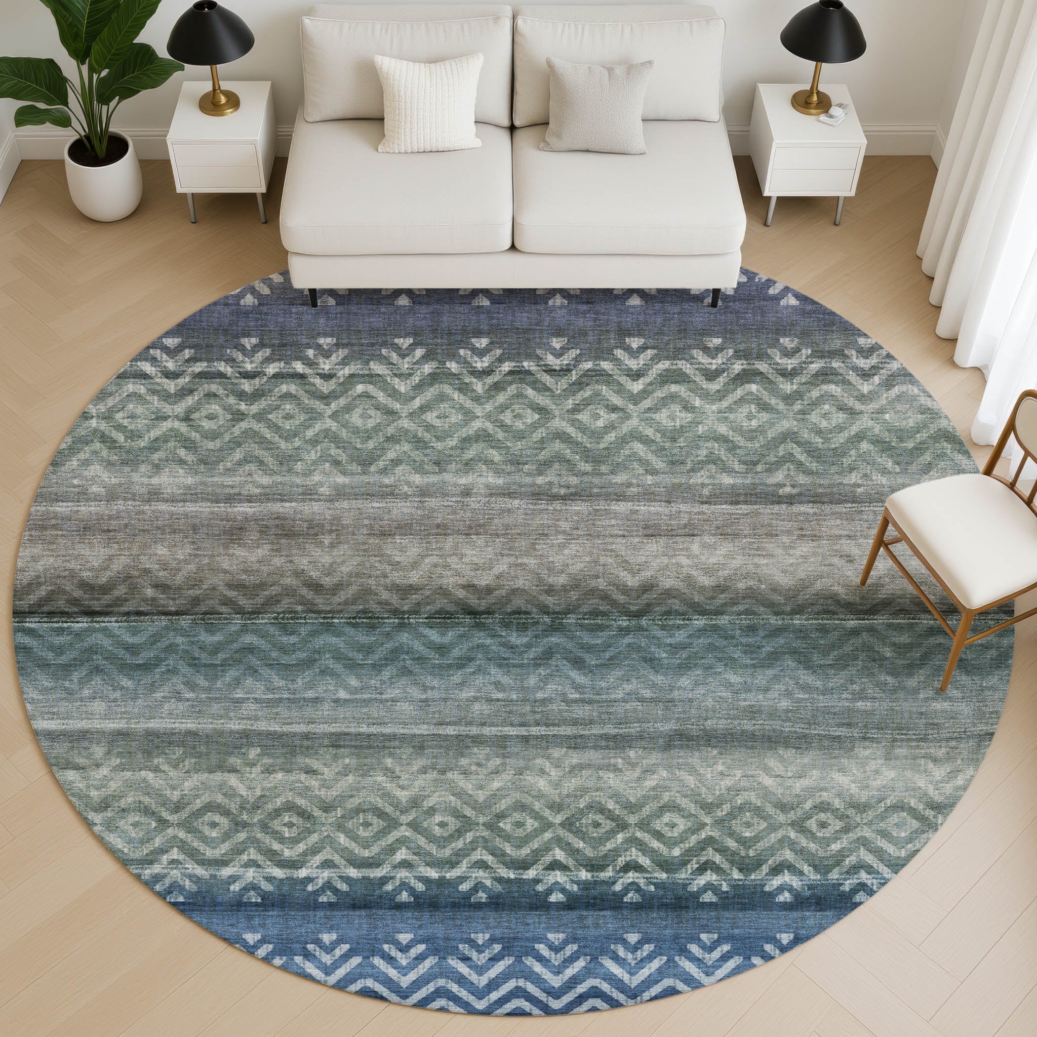 Queenstown Machine Washable Transitional Blue Rug 8' x 8' #shape_Round
