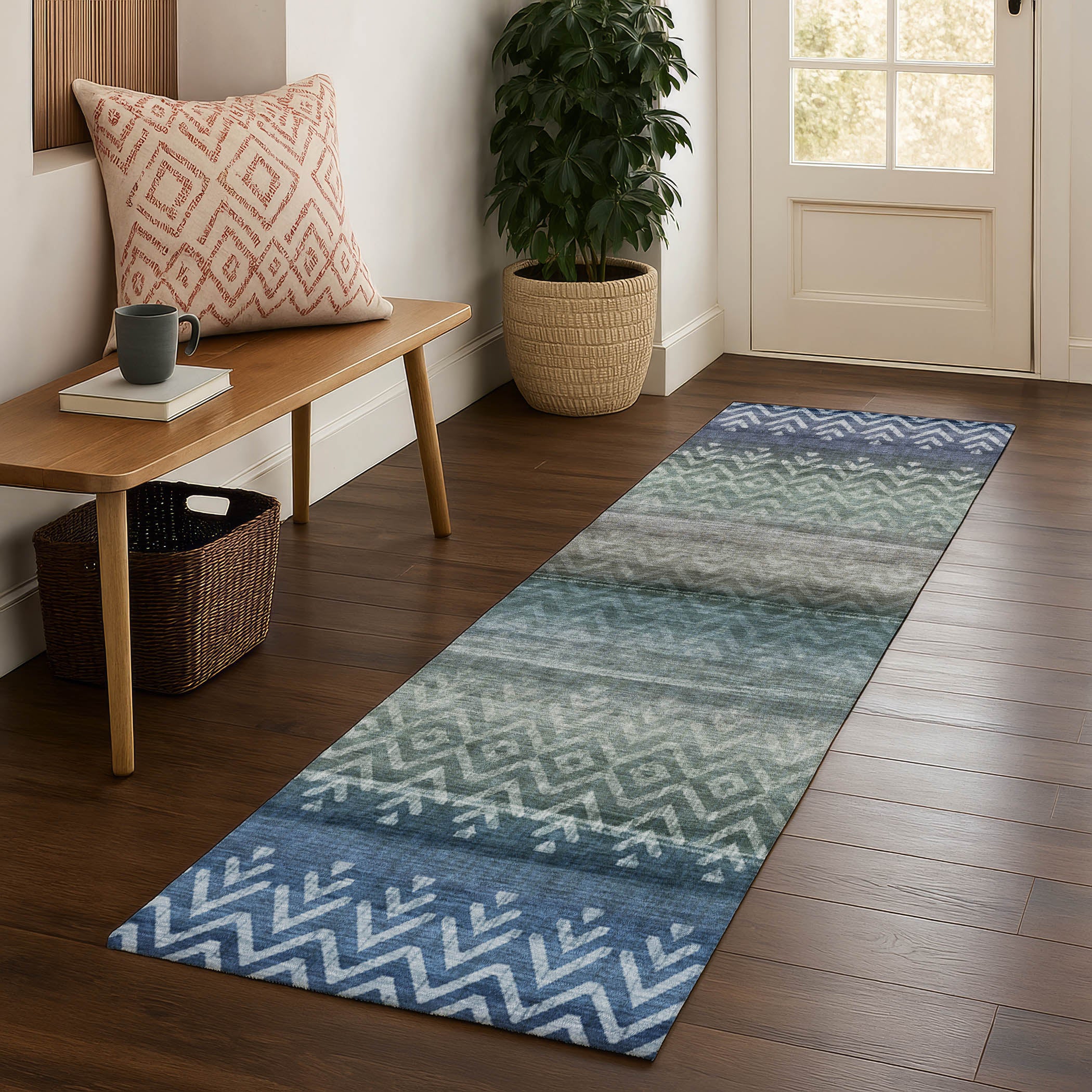 Queenstown Machine Washable Transitional Blue Rug 2'3" x 7'6" #shape_Runner