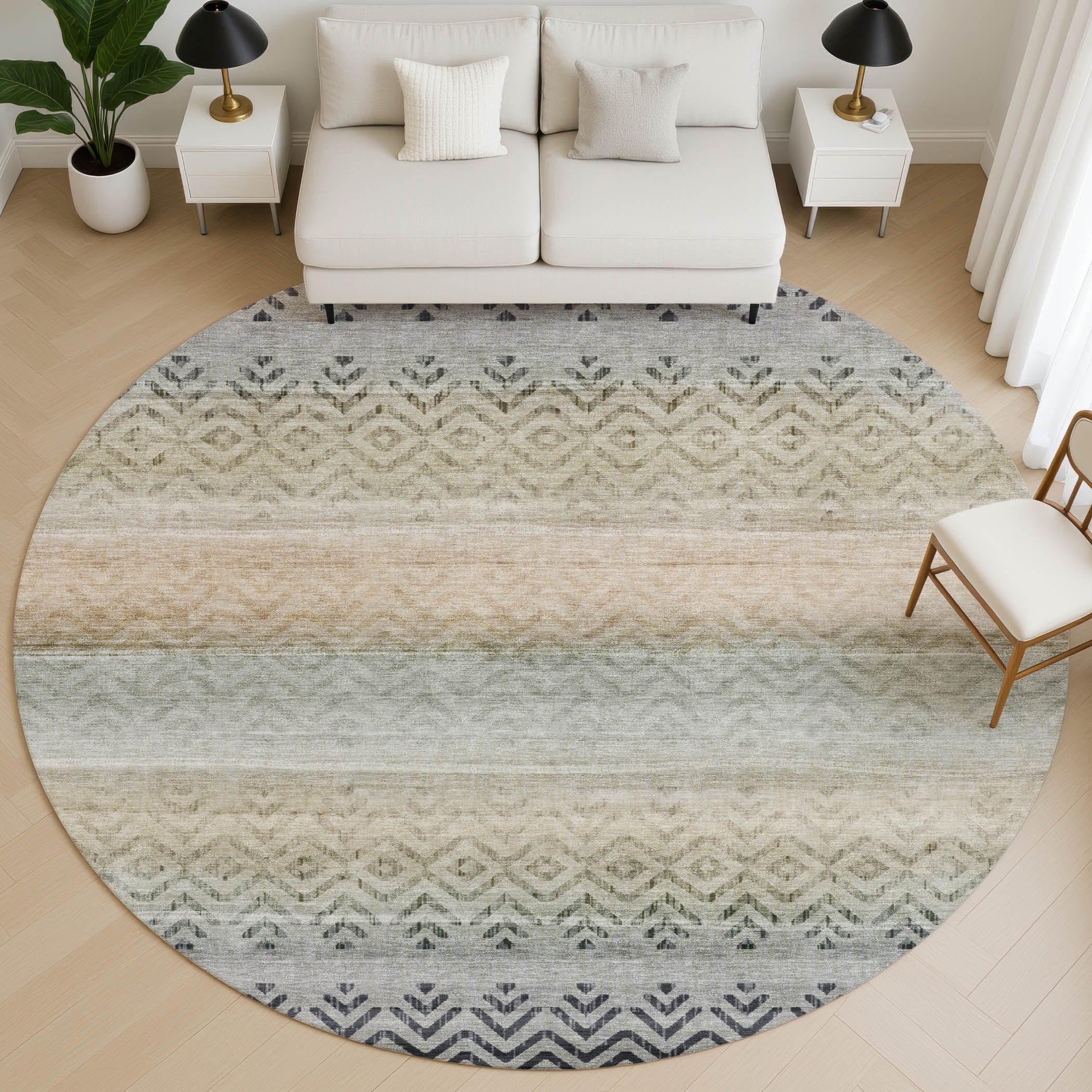 Queenstown Machine Washable Transitional Gray Rug 8' x 8' #shape_Round