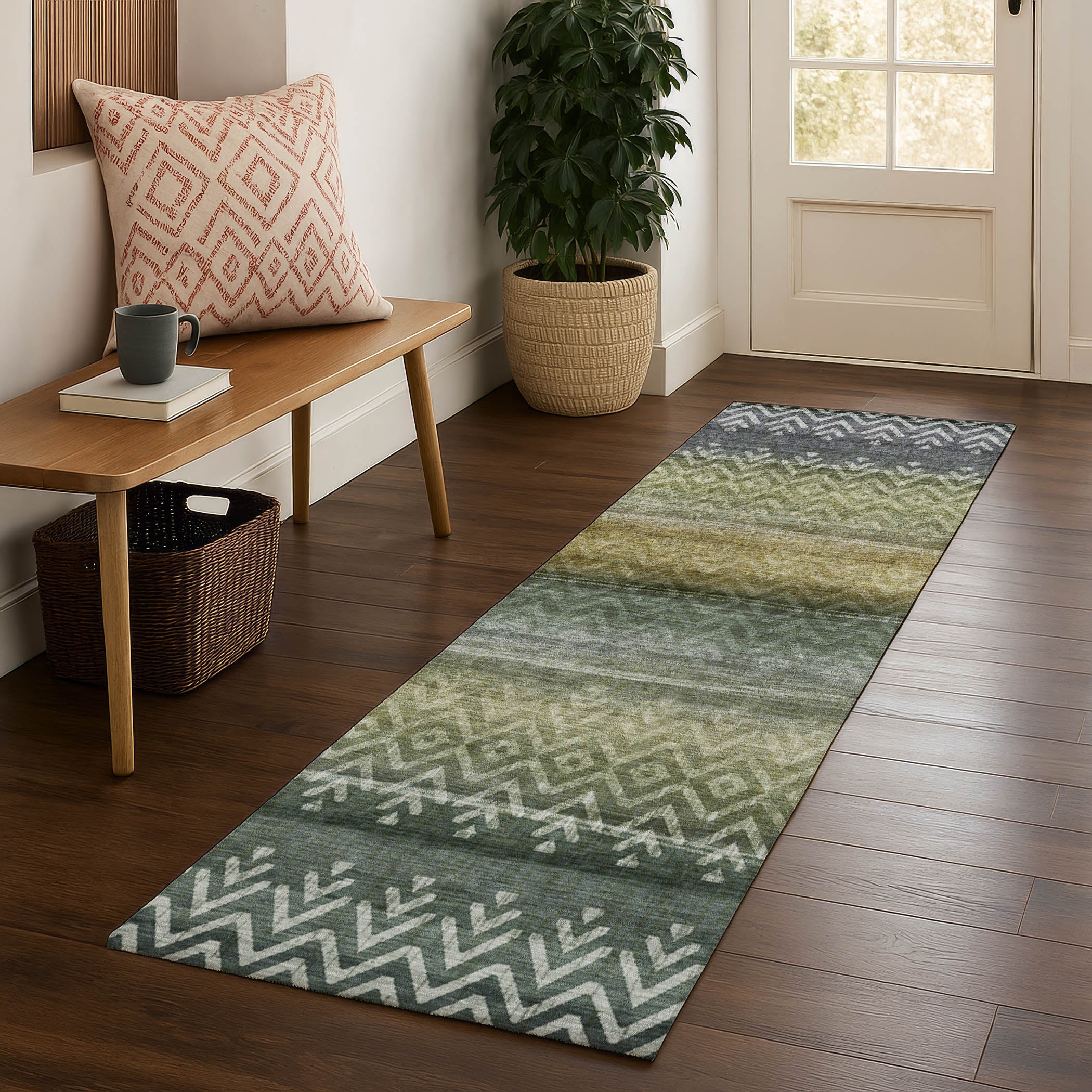 Queenstown Machine Washable Transitional Green Rug 2'3" x 7'6" #shape_Runner