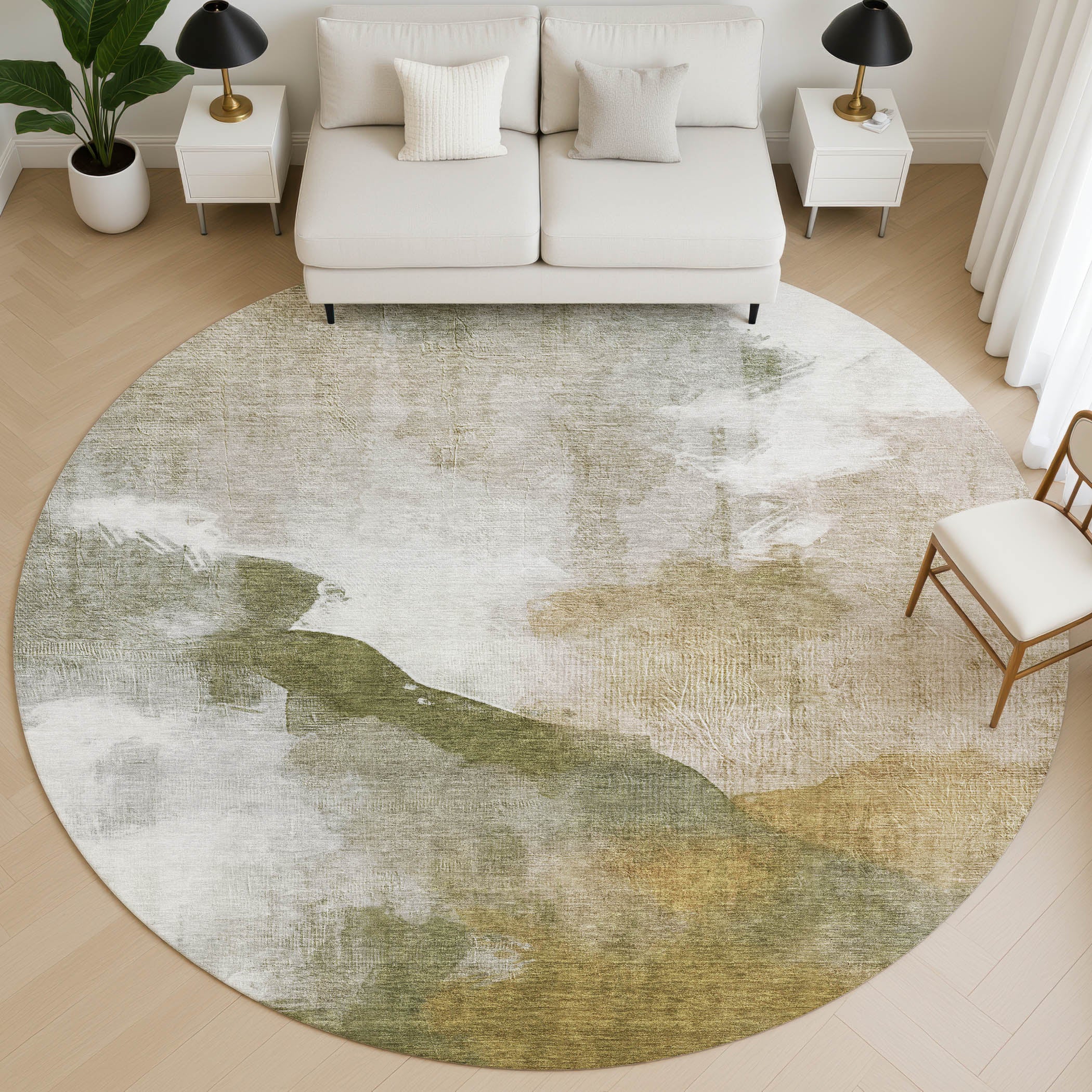 Cairo Machine Washable Transitional Green Rug 8' x 8' #shape_Round