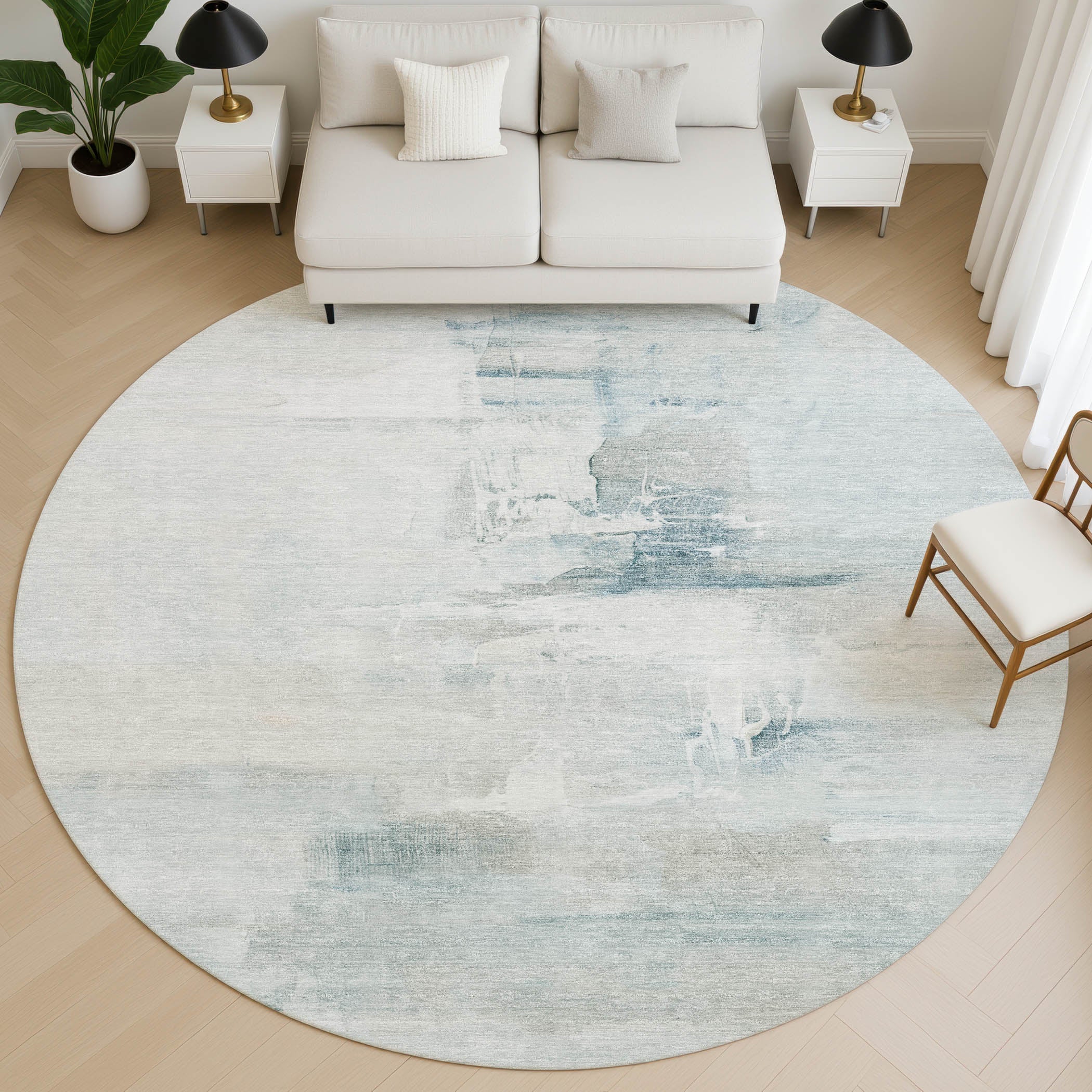 Sarajevo Machine Washable Transitional Sky Blue Rug 8' x 8' #shape_Round