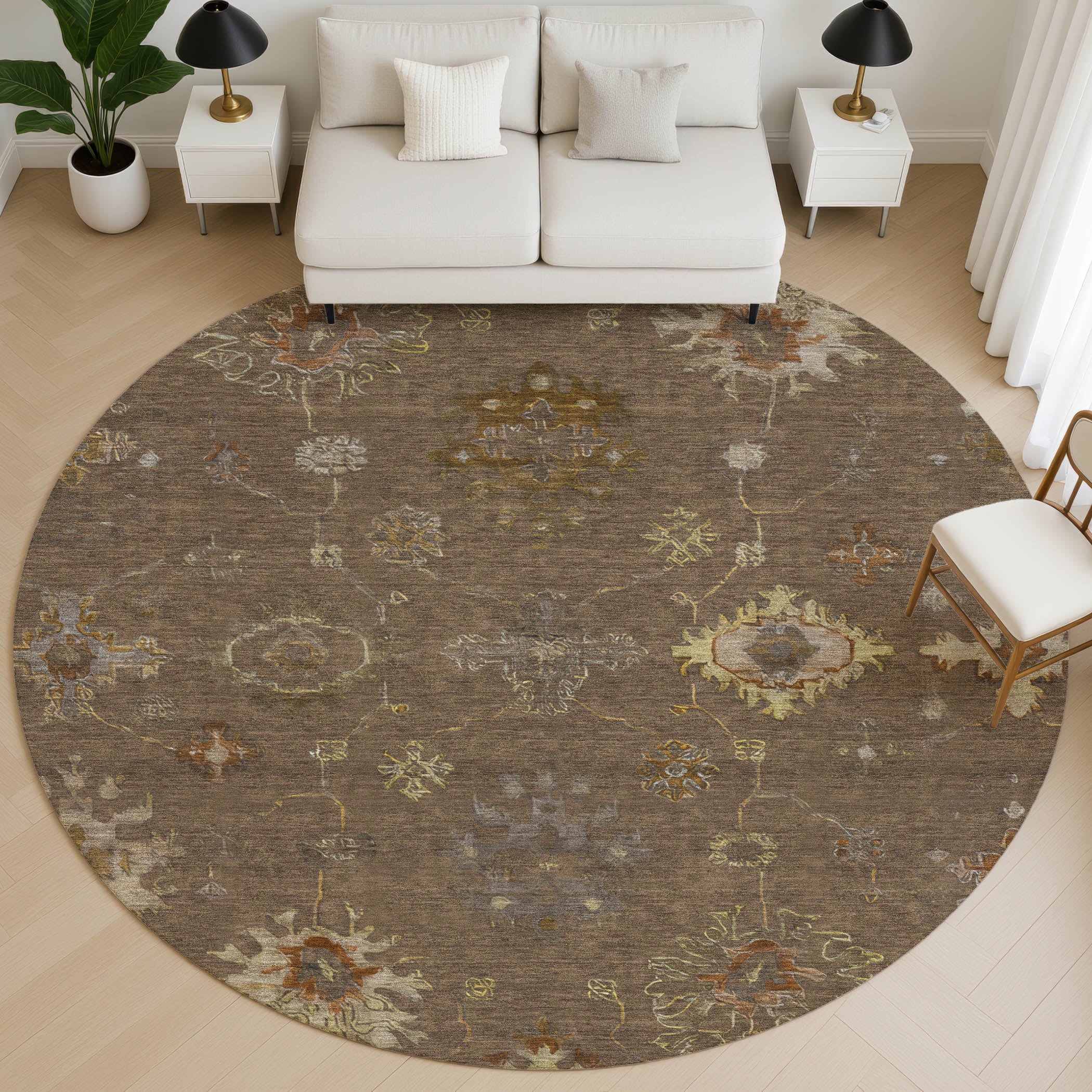 Ghent Machine Washable Traditional Chocolate Brown Rug 8' x 8' #shape_Round