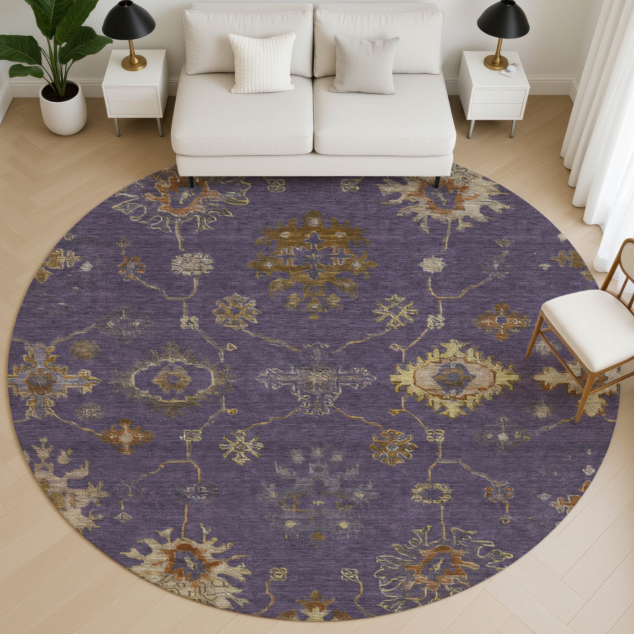Ghent Machine Washable Traditional Eggplant Purple Rug 8' x 8' #shape_Round