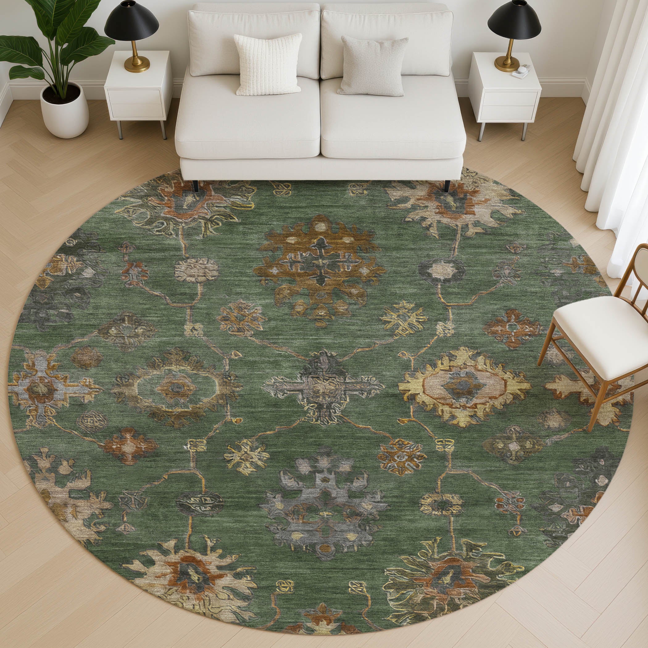 Ghent Machine Washable Traditional Fern Green Rug 8' x 8' #shape_Round