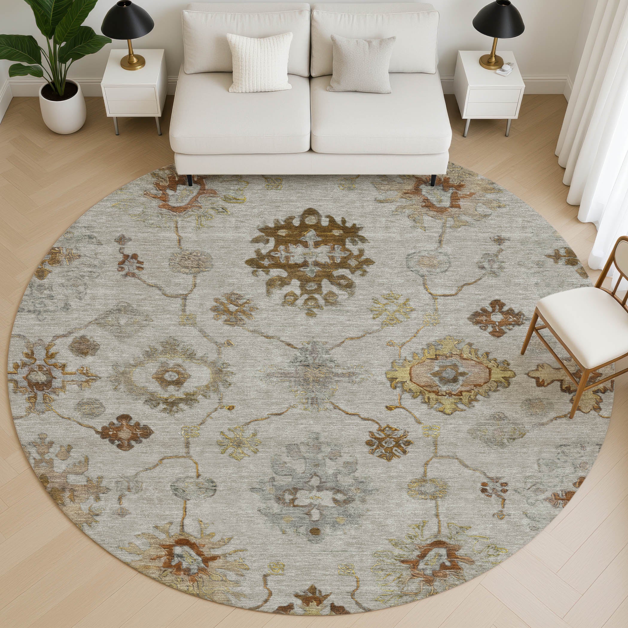 Ghent Machine Washable Traditional Taupe Brown Rug 8' x 8' #shape_Round