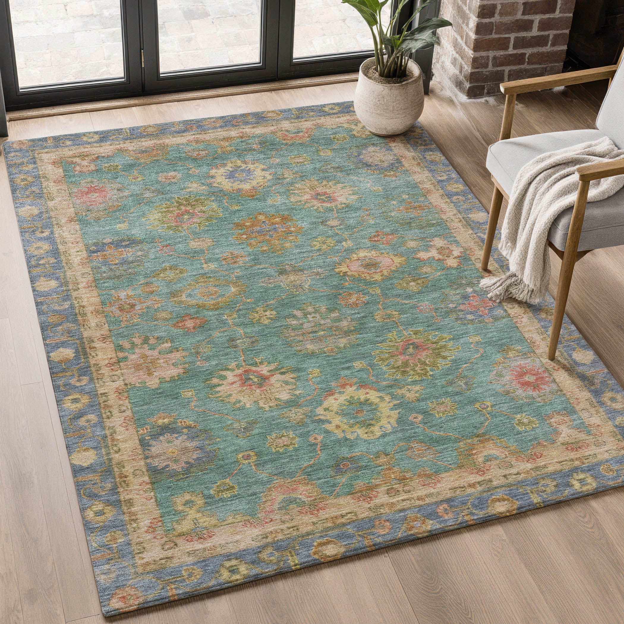 Ghent Machine Washable Traditional Teal Rug 2'6" x 3'10" #shape_Rectangle