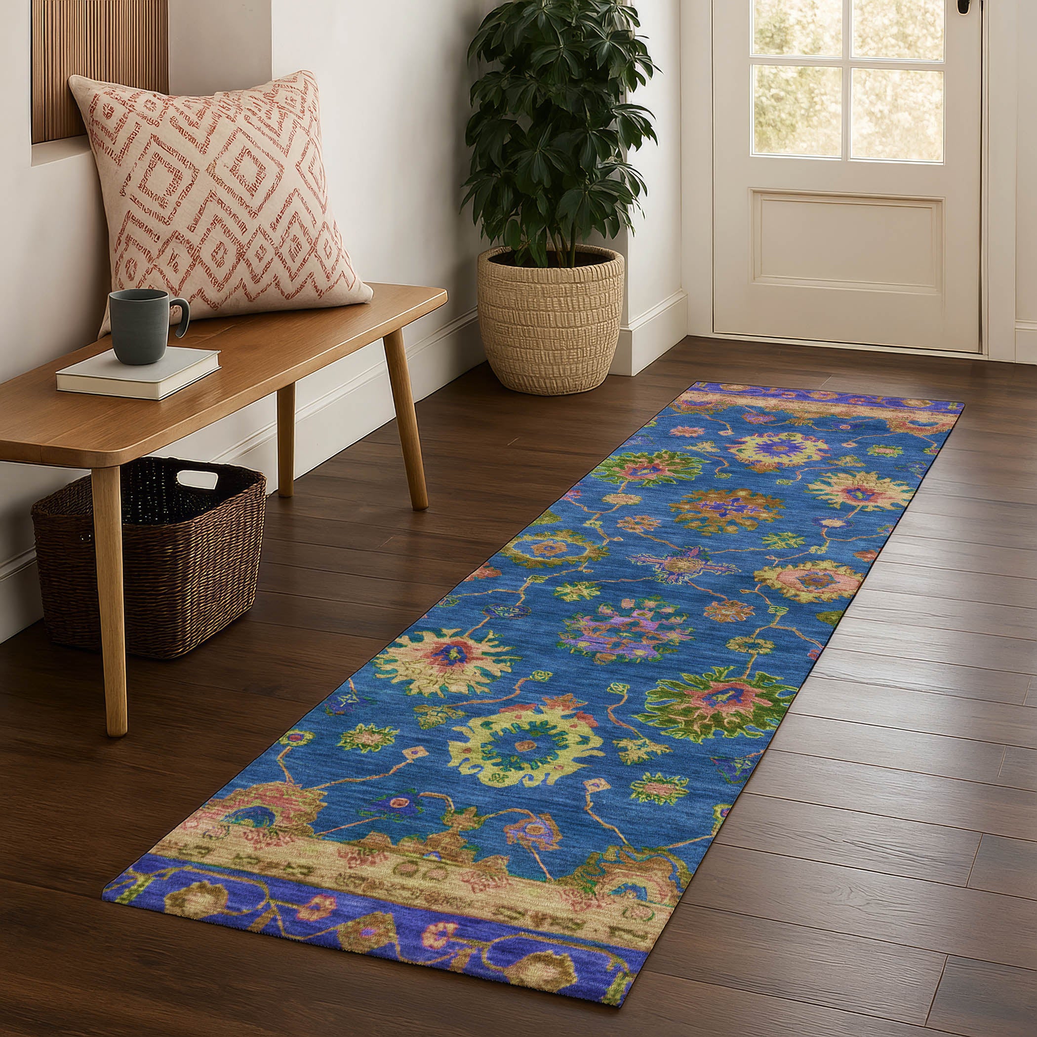 Prague Machine Washable Traditional Blue Rug 2'3" x 7'6" #shape_Runner