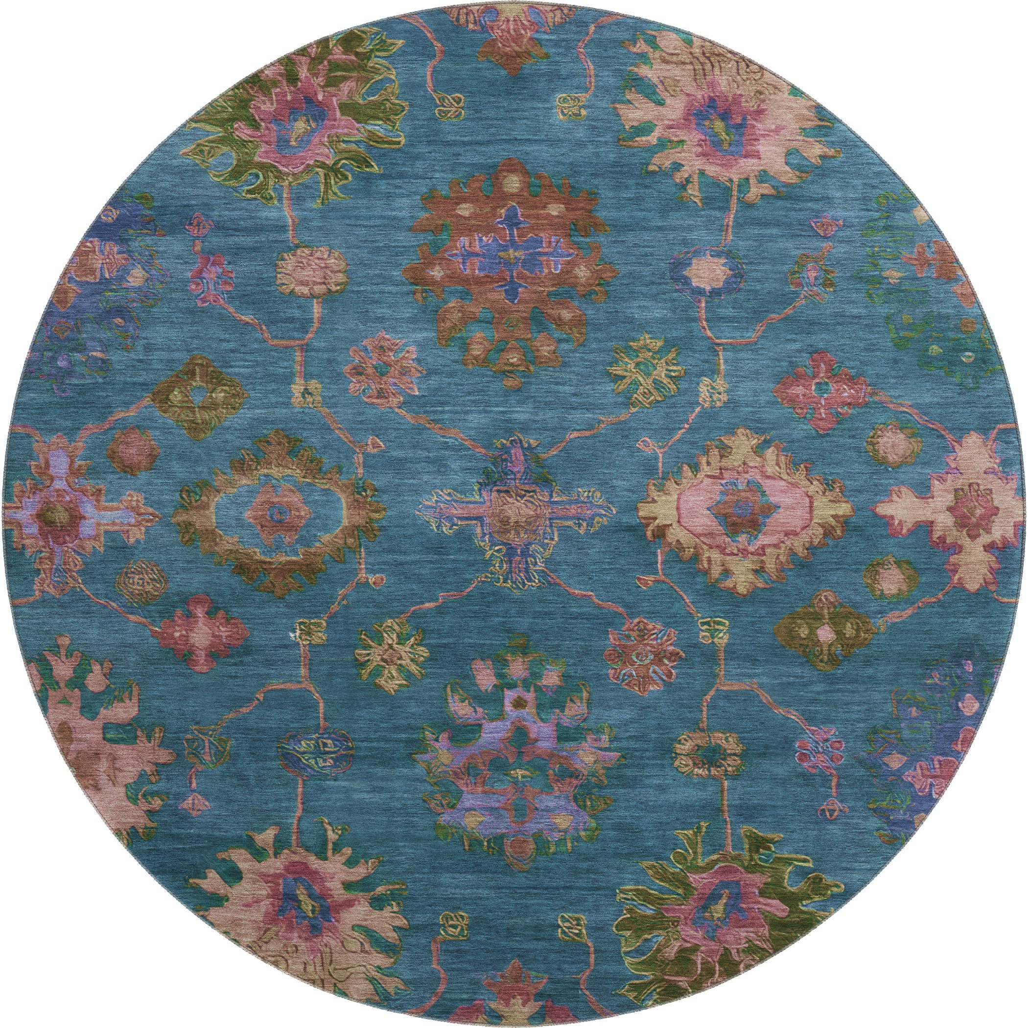 Prague Machine Washable Traditional Teal Rug 8' x 8' #shape_Round