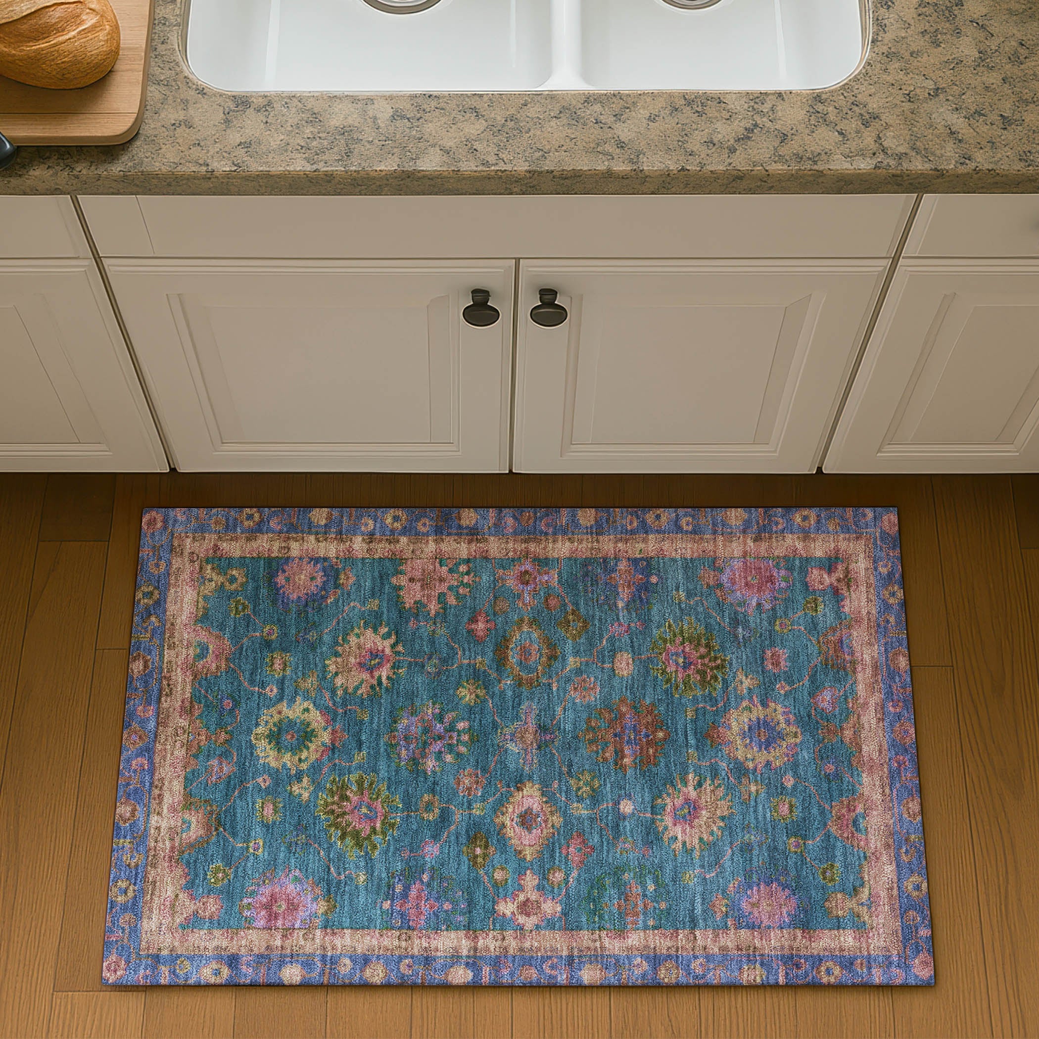 Prague Machine Washable Traditional Teal Rug 1'8" x 2'6" #shape_Rectangle