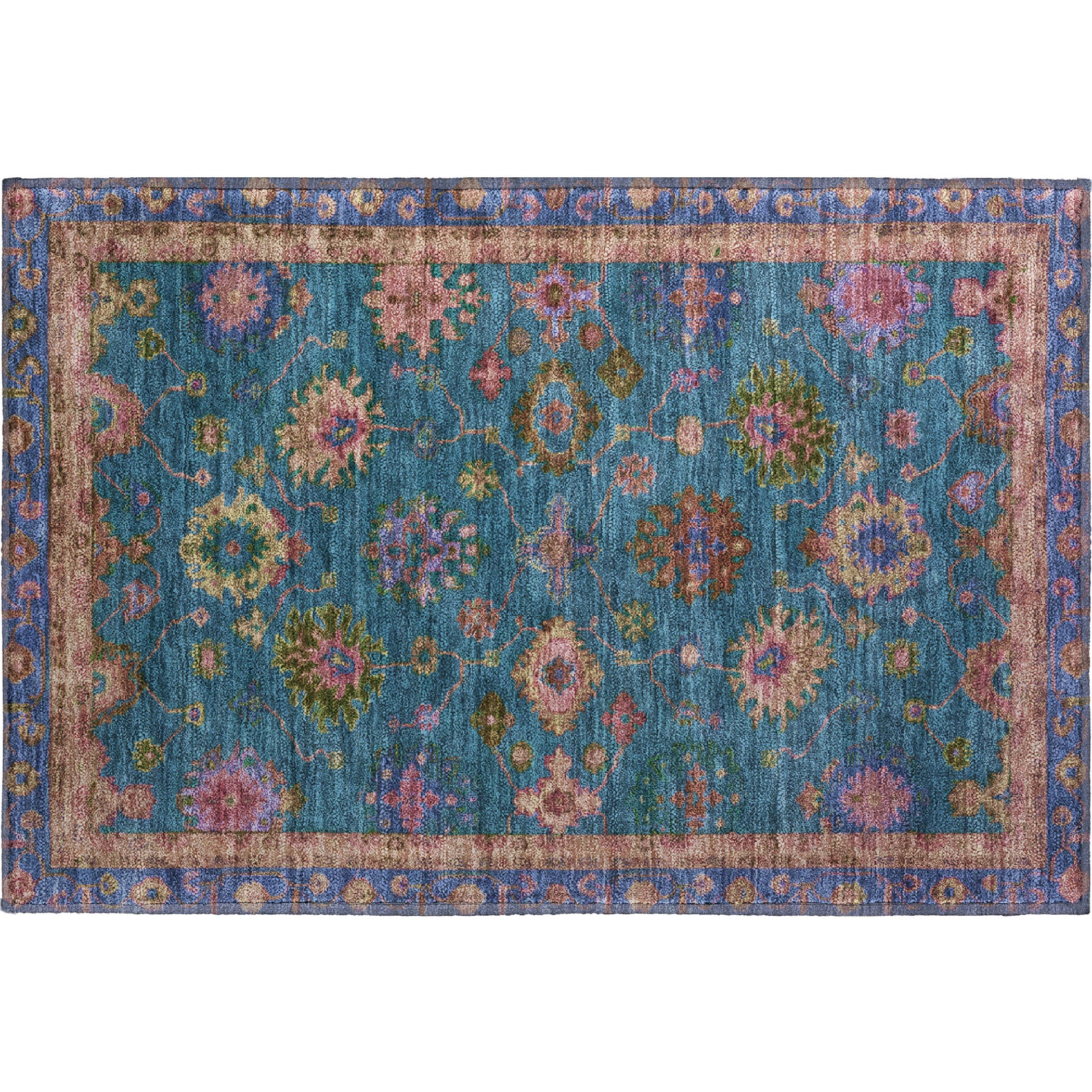 Prague Machine Washable Traditional Teal Rug 1'8" x 2'6" #shape_Rectangle