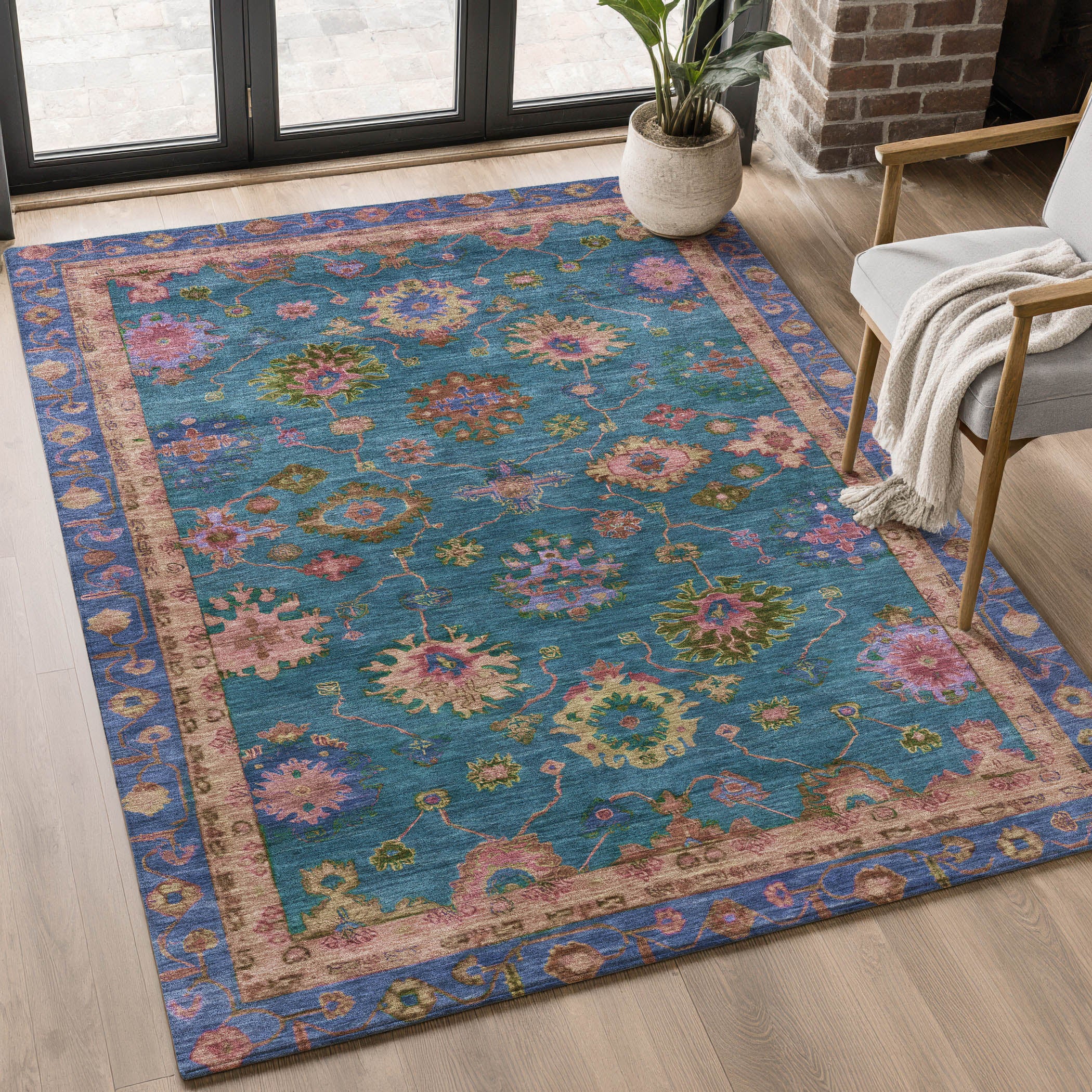 Prague Machine Washable Traditional Teal Rug 2'6" x 3'10" #shape_Rectangle