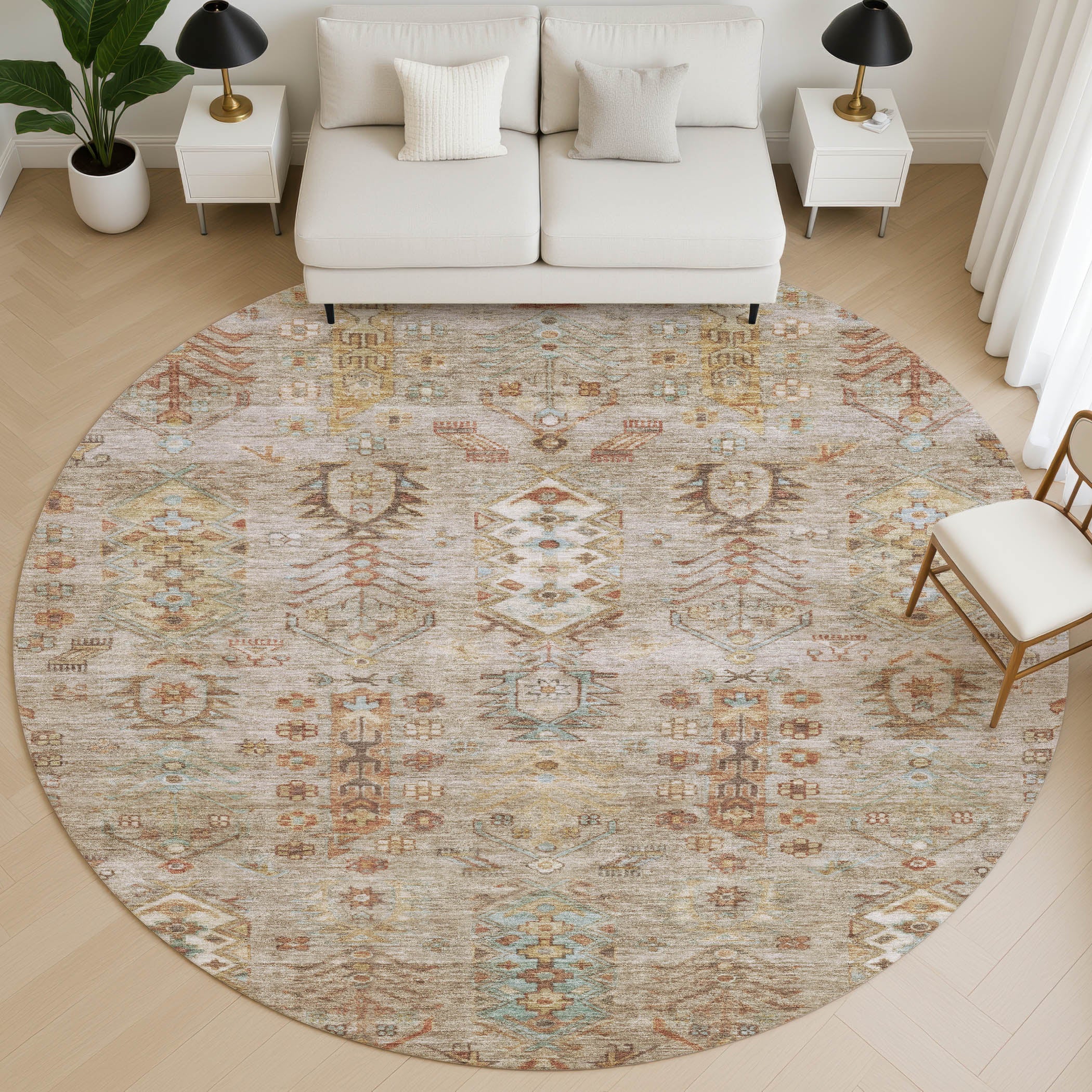 Havana Machine Washable Traditional Beige Brown Rug 8' x 8' #shape_Round