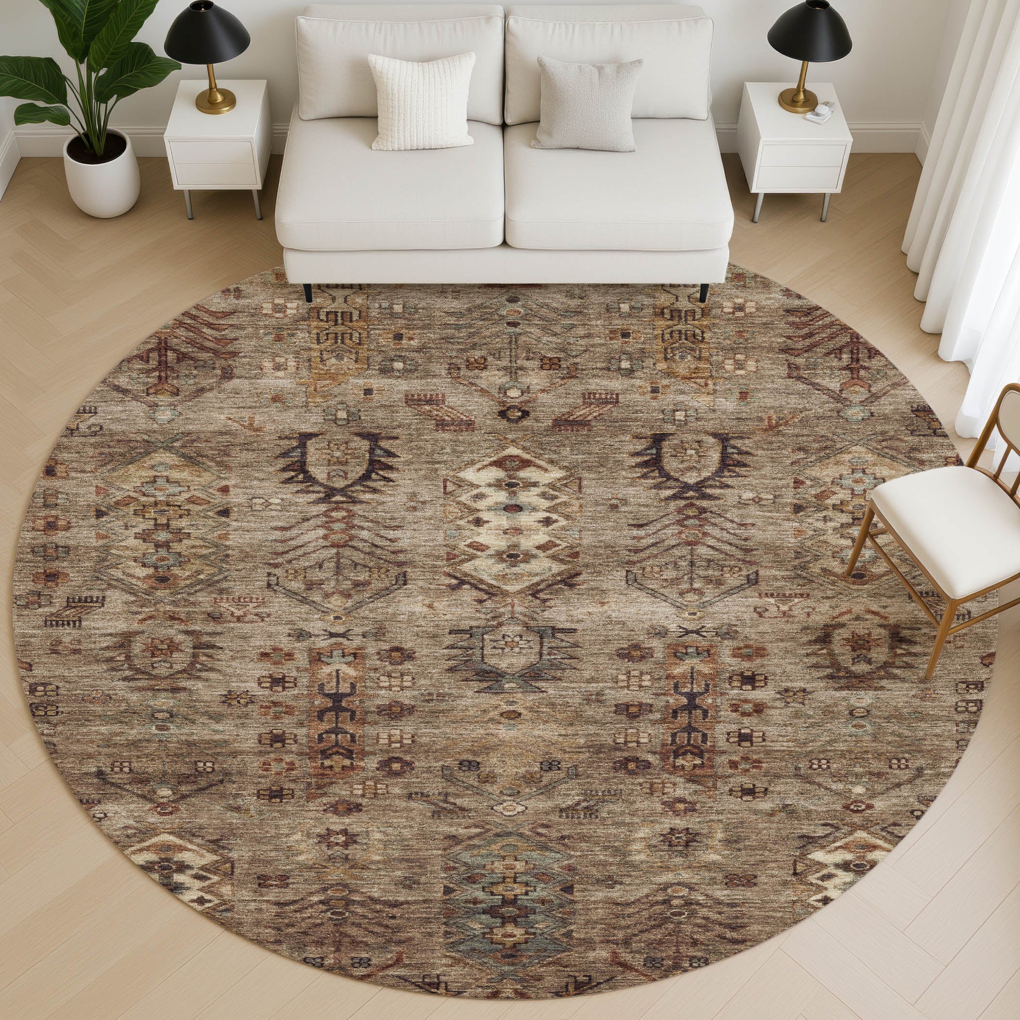 Havana Machine Washable Traditional Brown Rug 8' x 8' #shape_Round