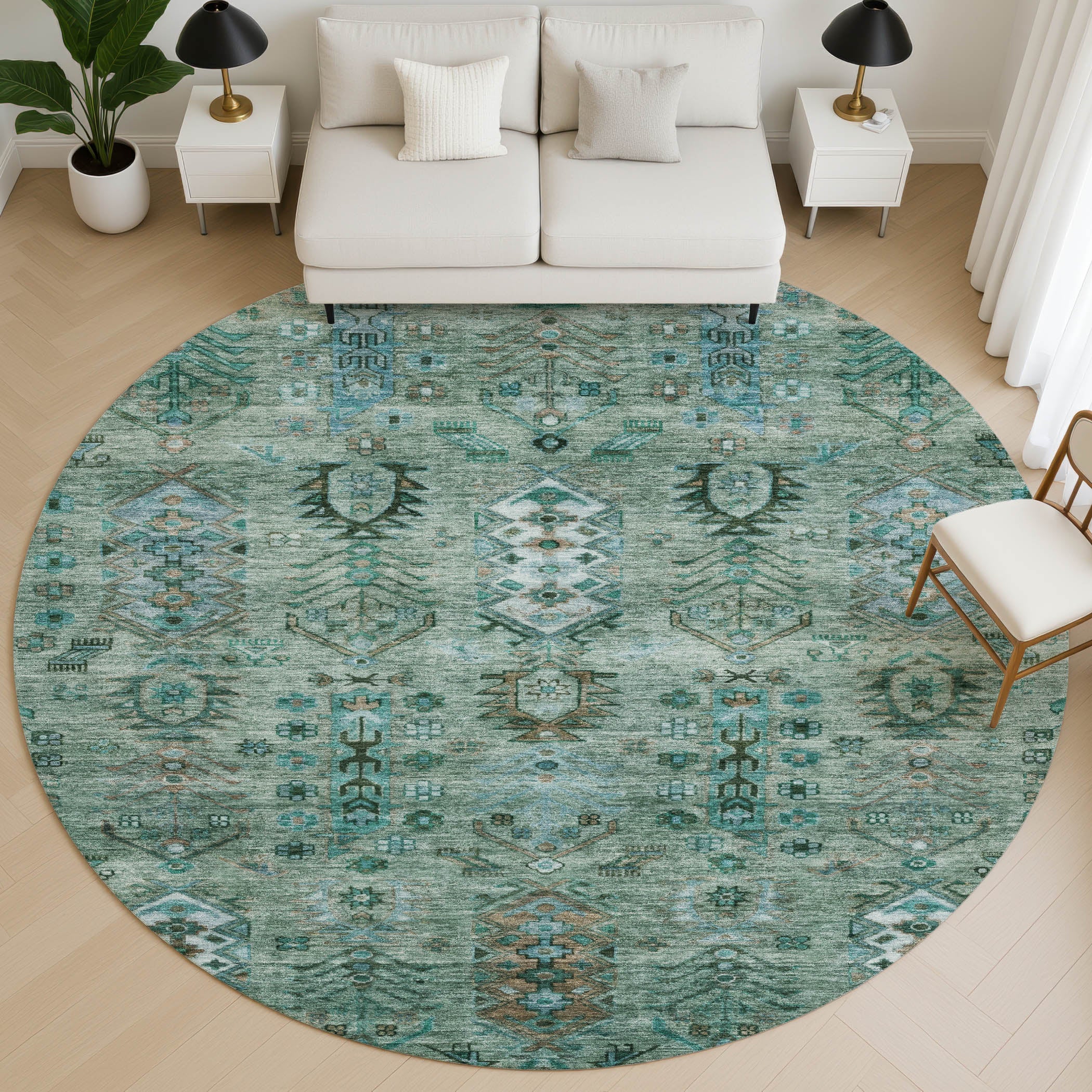 Havana Machine Washable Traditional Green Rug 8' x 8' #shape_Round