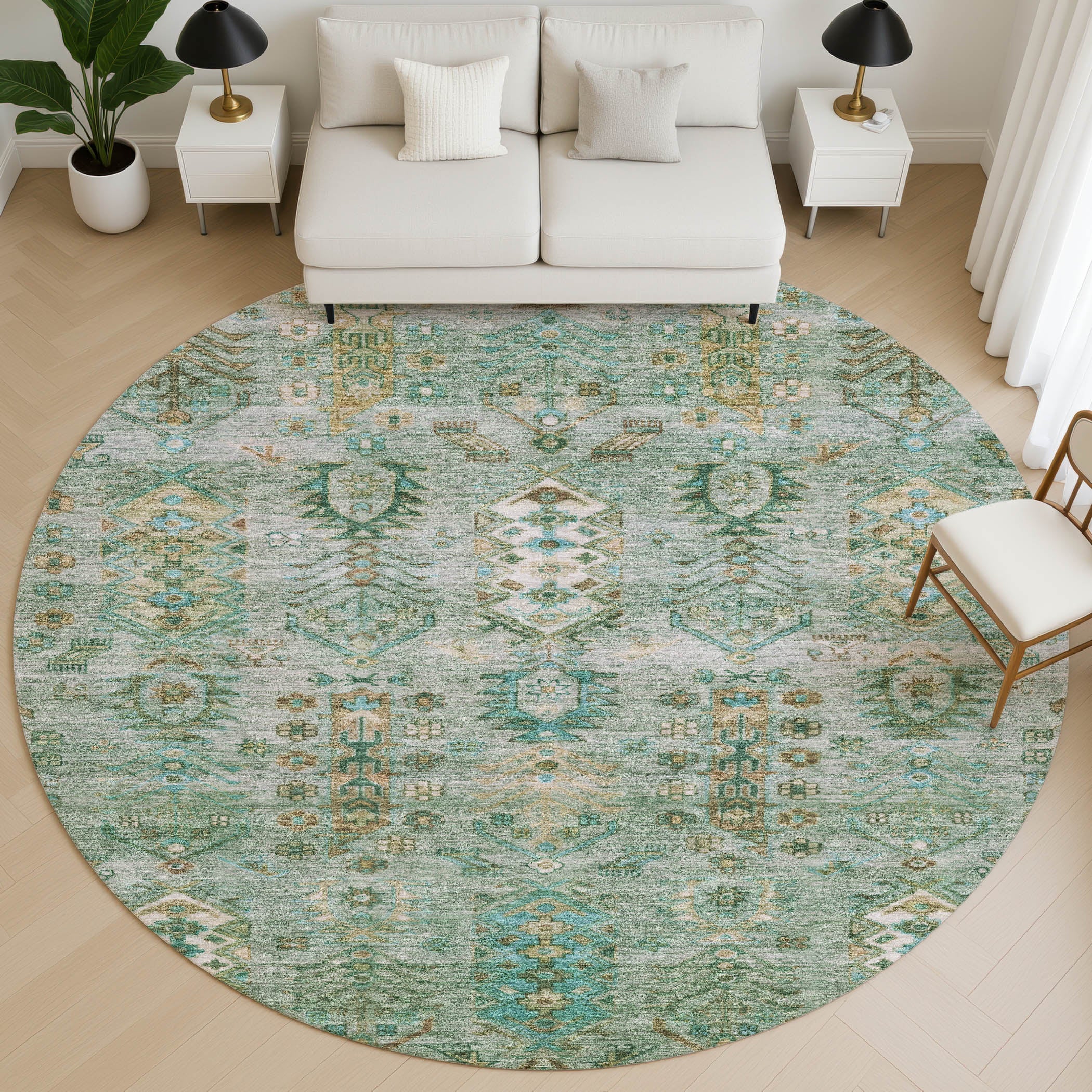 Havana Machine Washable Traditional Sage Green Rug 8' x 8' #shape_Round
