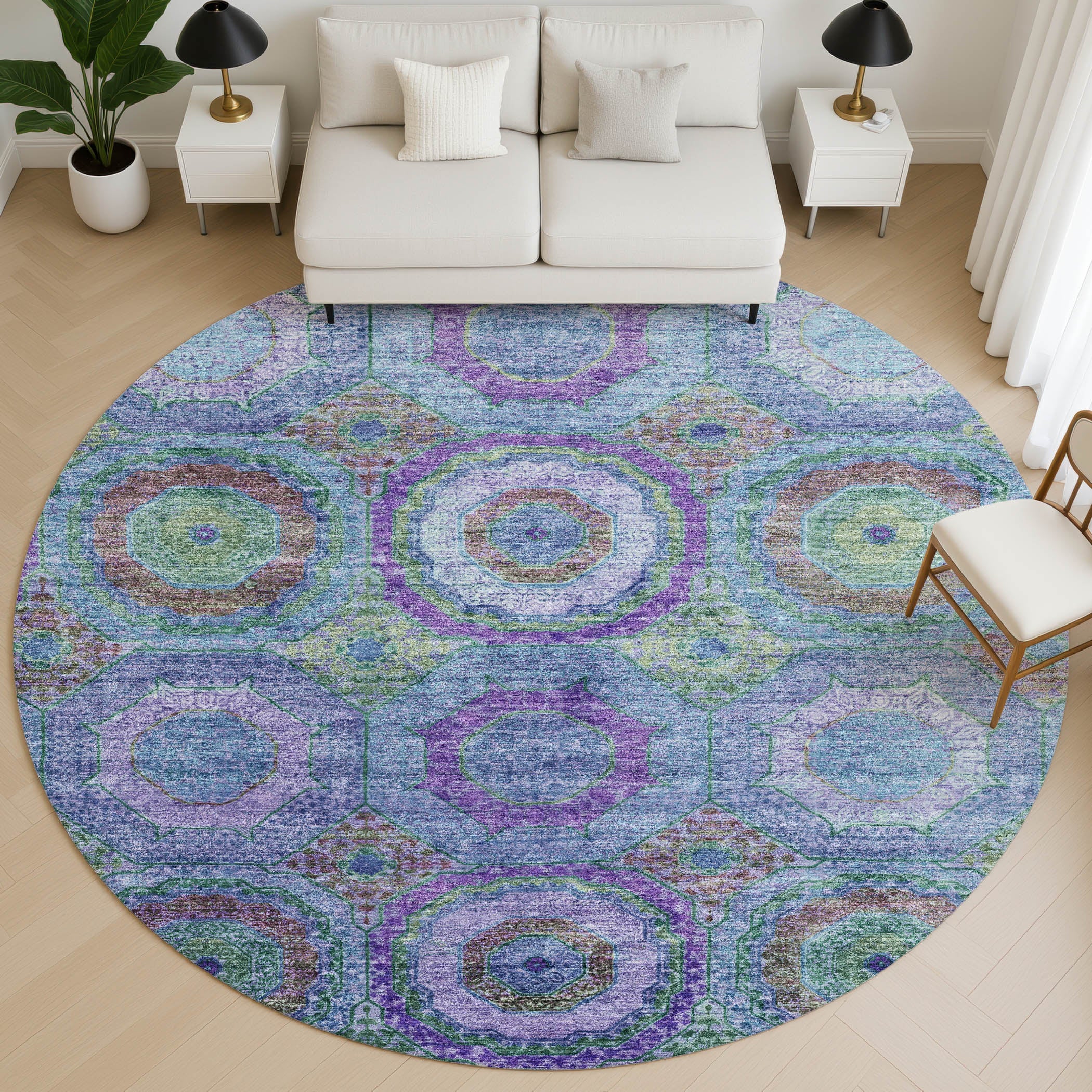 Athens Machine Washable Transitional Blue Rug 8' x 8' #shape_Round