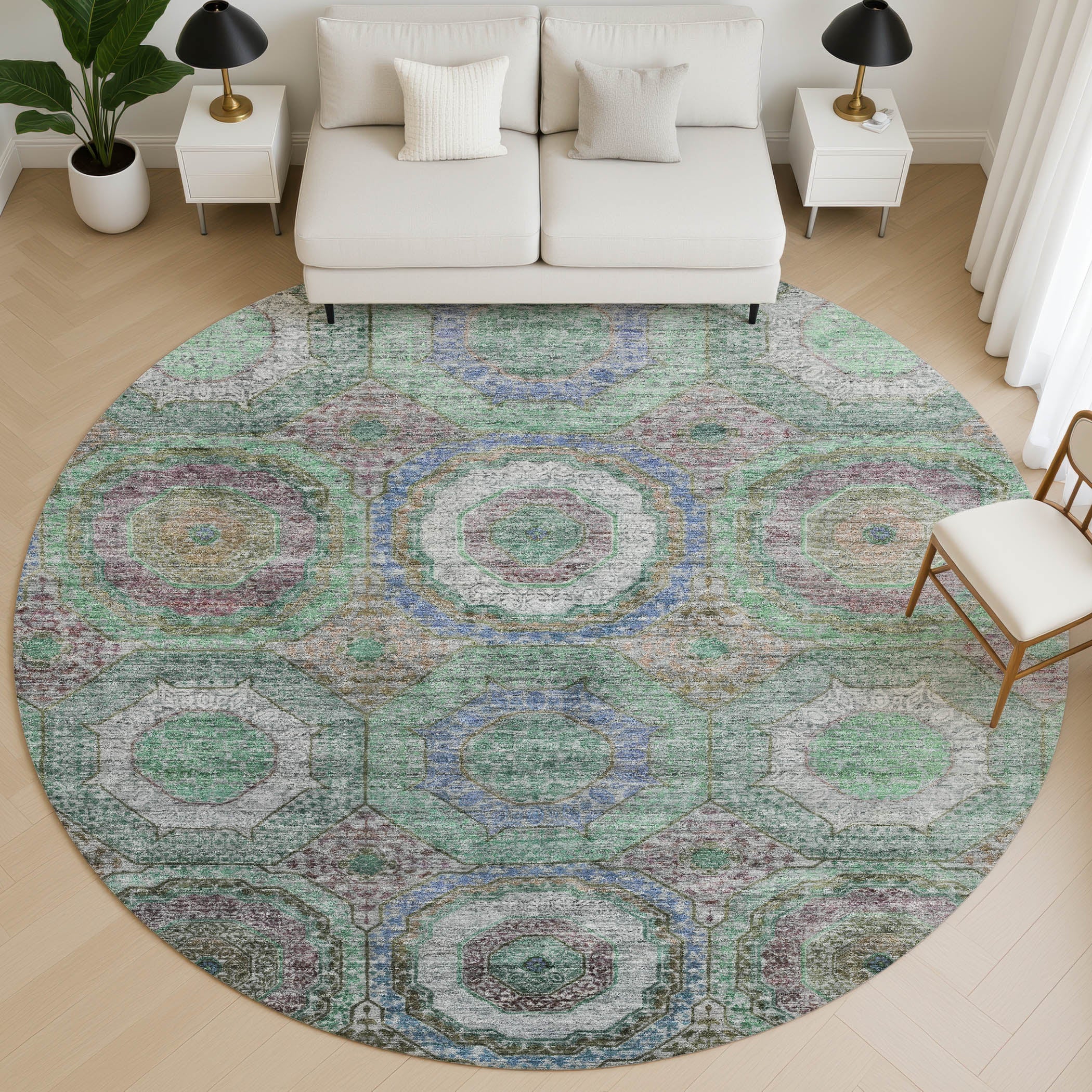 Athens Machine Washable Transitional Green Rug 8' x 8' #shape_Round