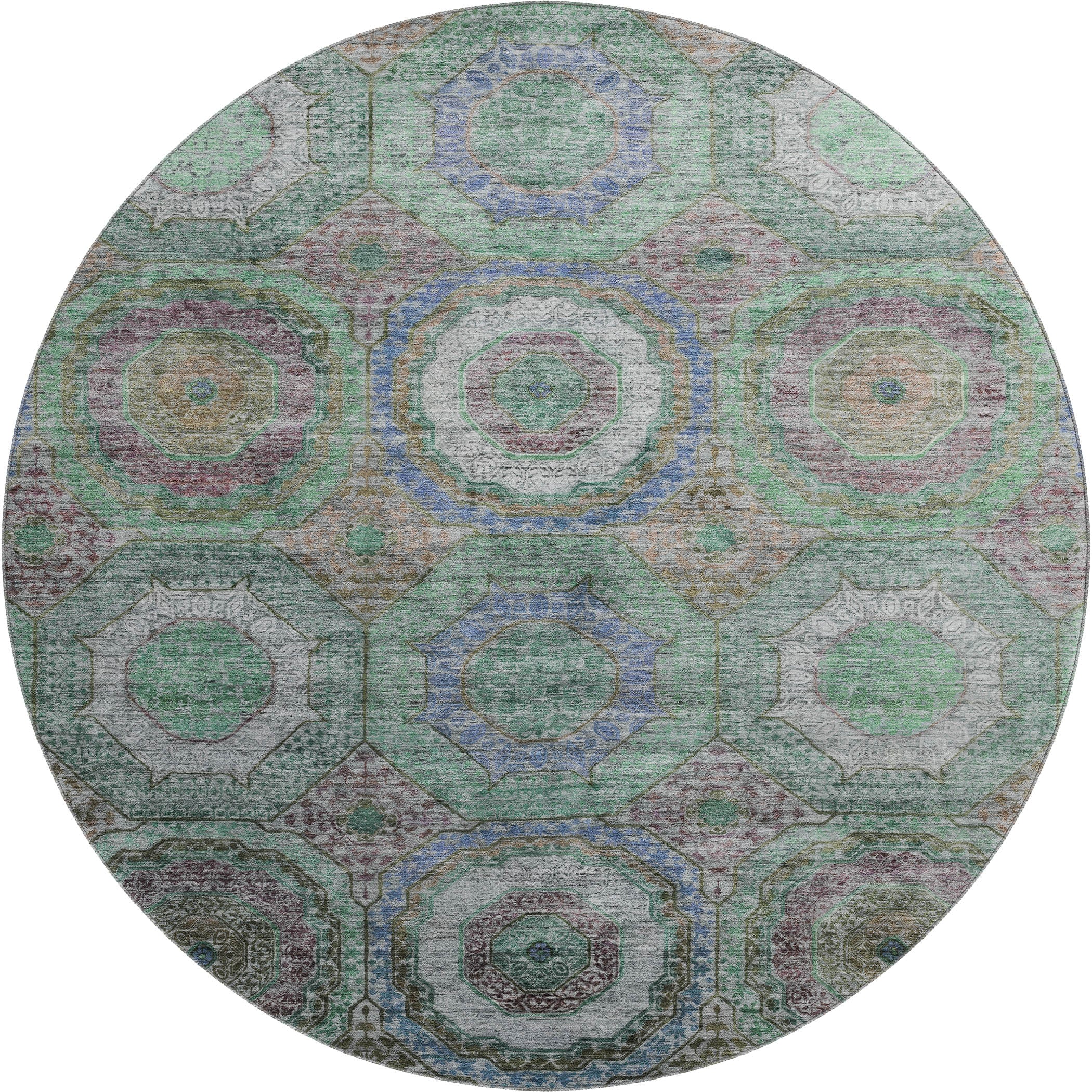 Athens Machine Washable Transitional Green Rug 8' x 8' #shape_Round