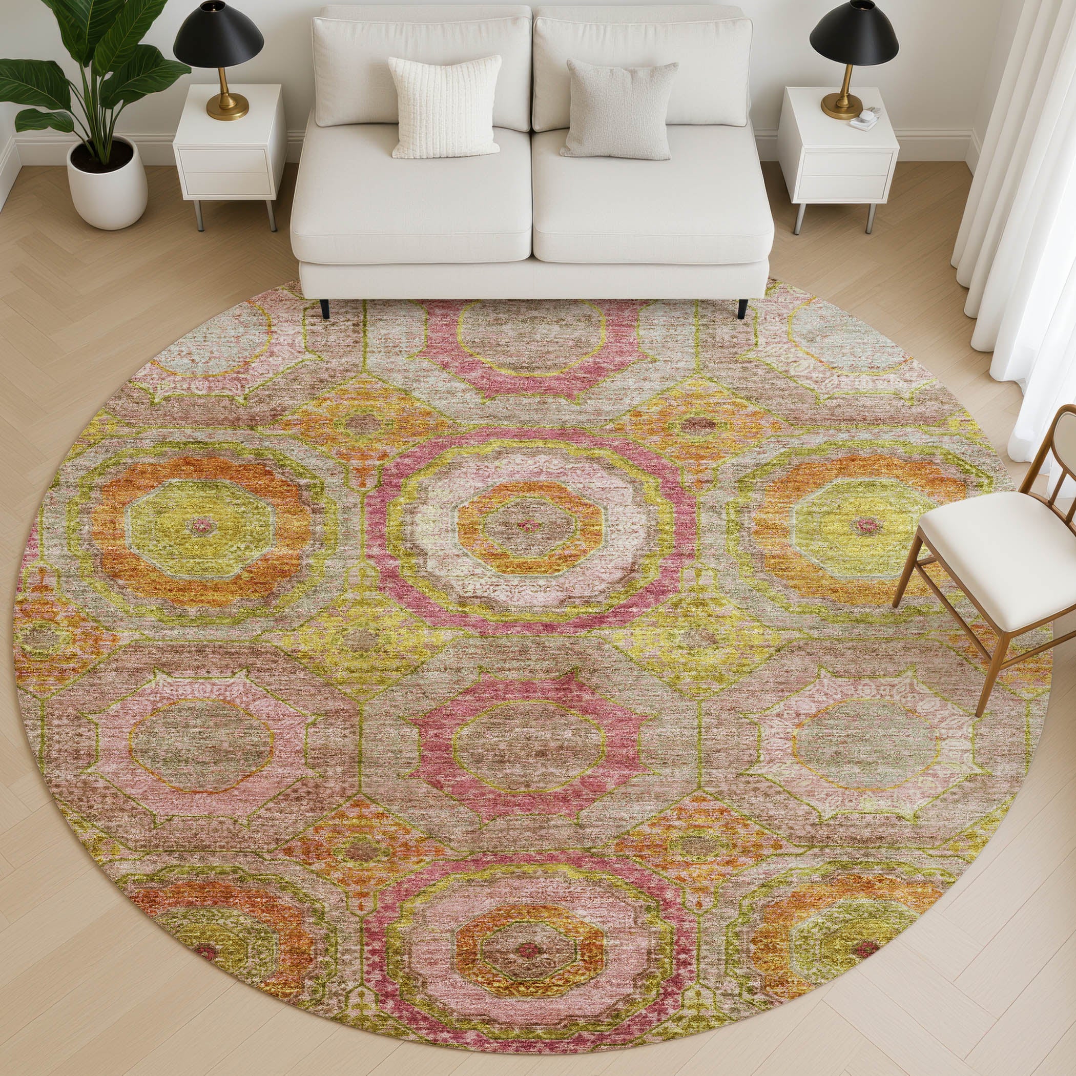 Athens Machine Washable Transitional Orange Rug 8' x 8' #shape_Round