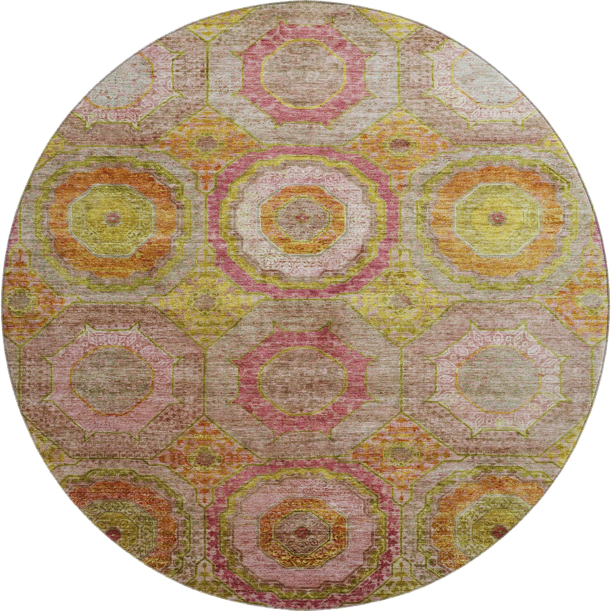 Athens Machine Washable Transitional Orange Rug 8' x 8' #shape_Round