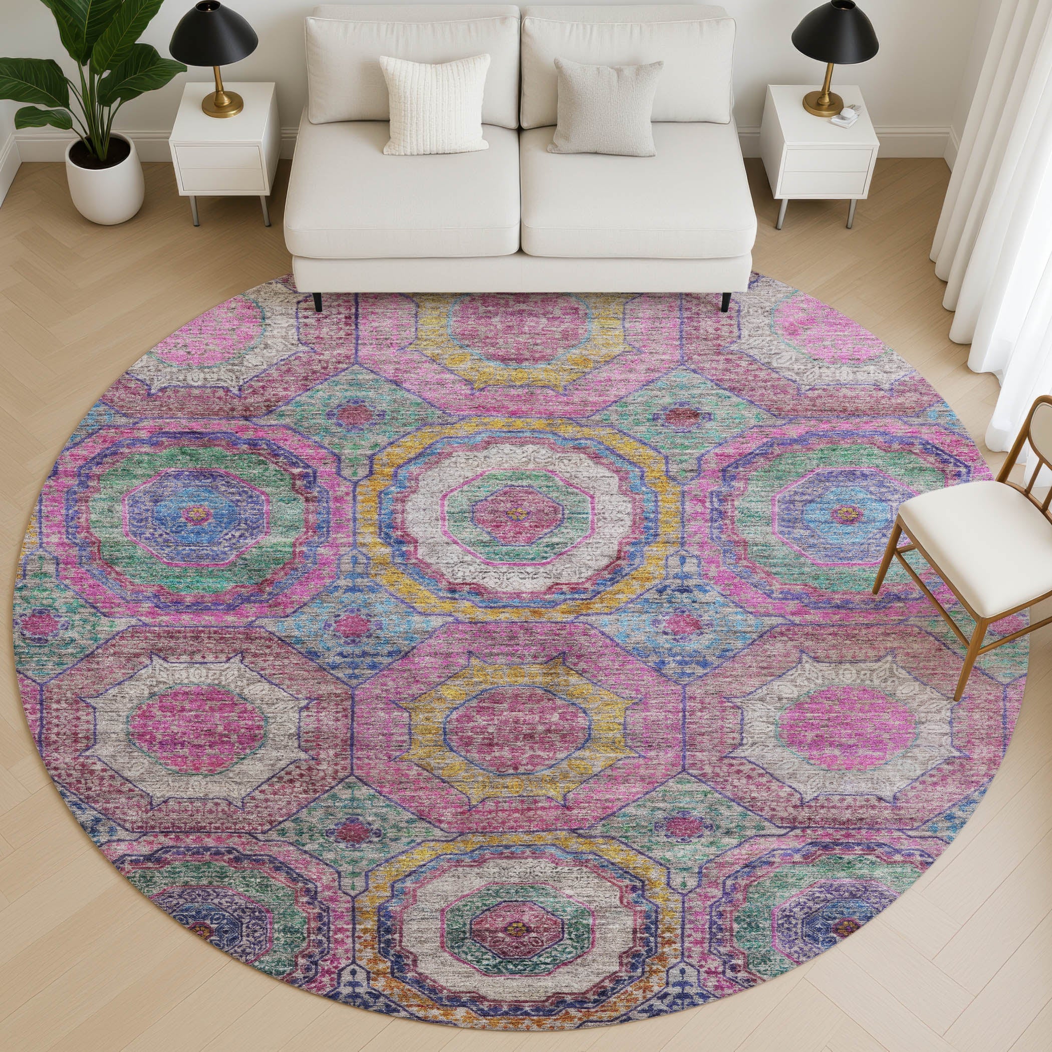 Athens Machine Washable Transitional Pink Rug 8' x 8' #shape_Round