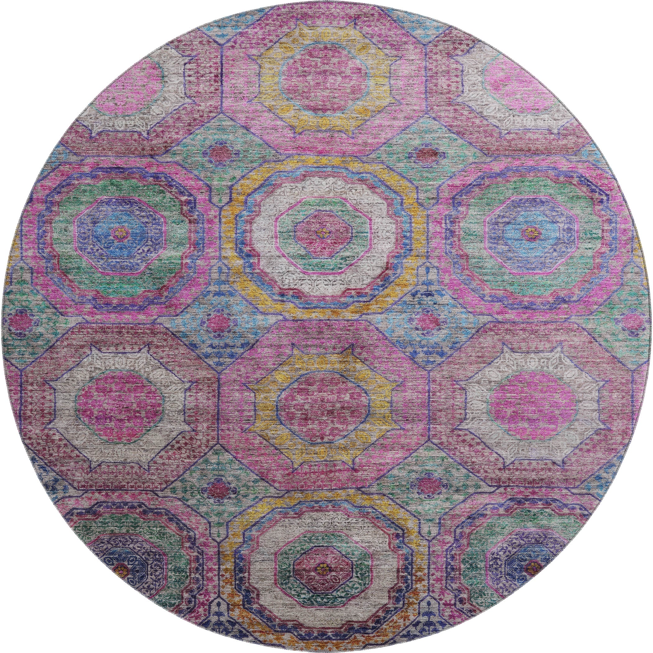 Athens Machine Washable Transitional Pink Rug 8' x 8' #shape_Round