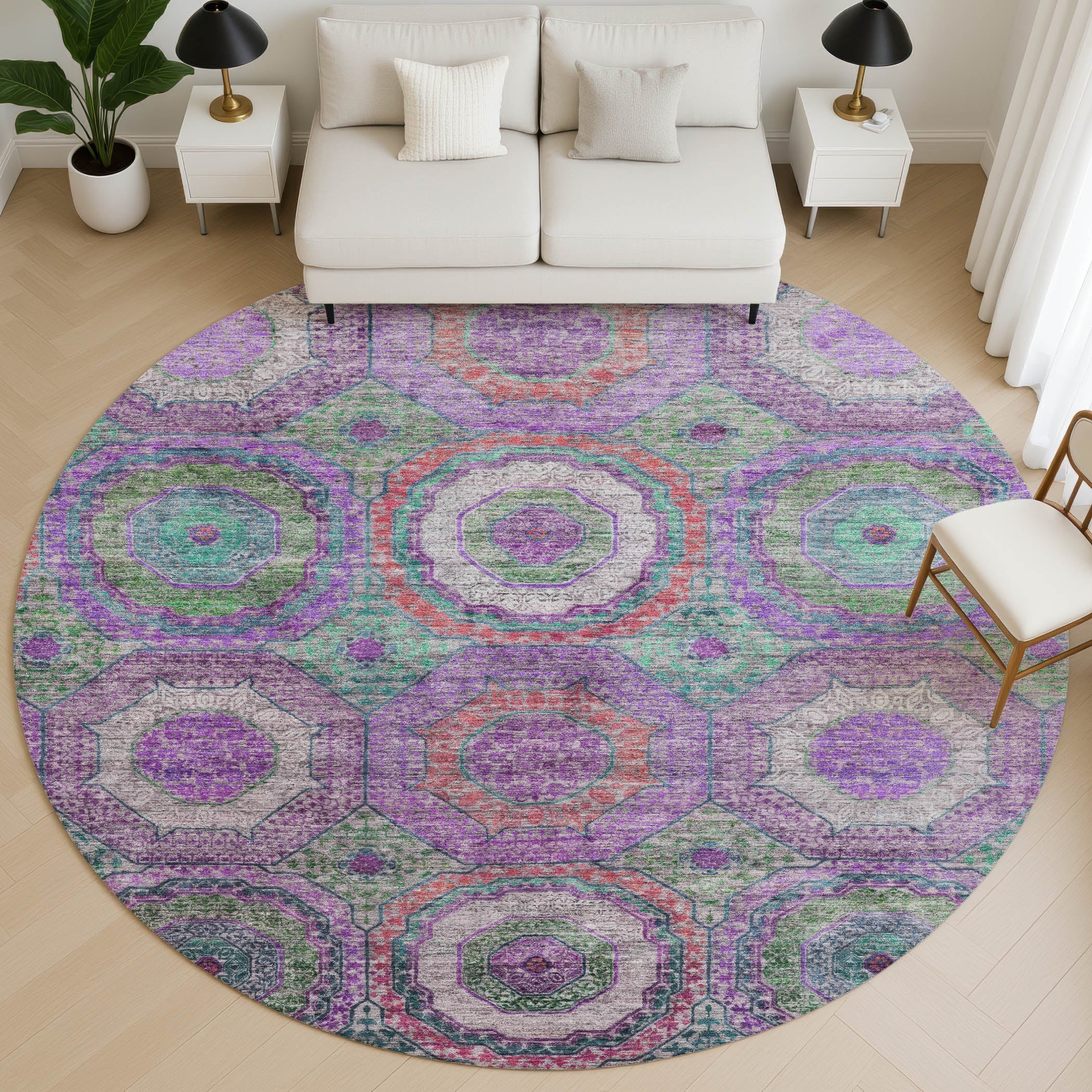 Athens Machine Washable Transitional Purple Rug 8' x 8' #shape_Round