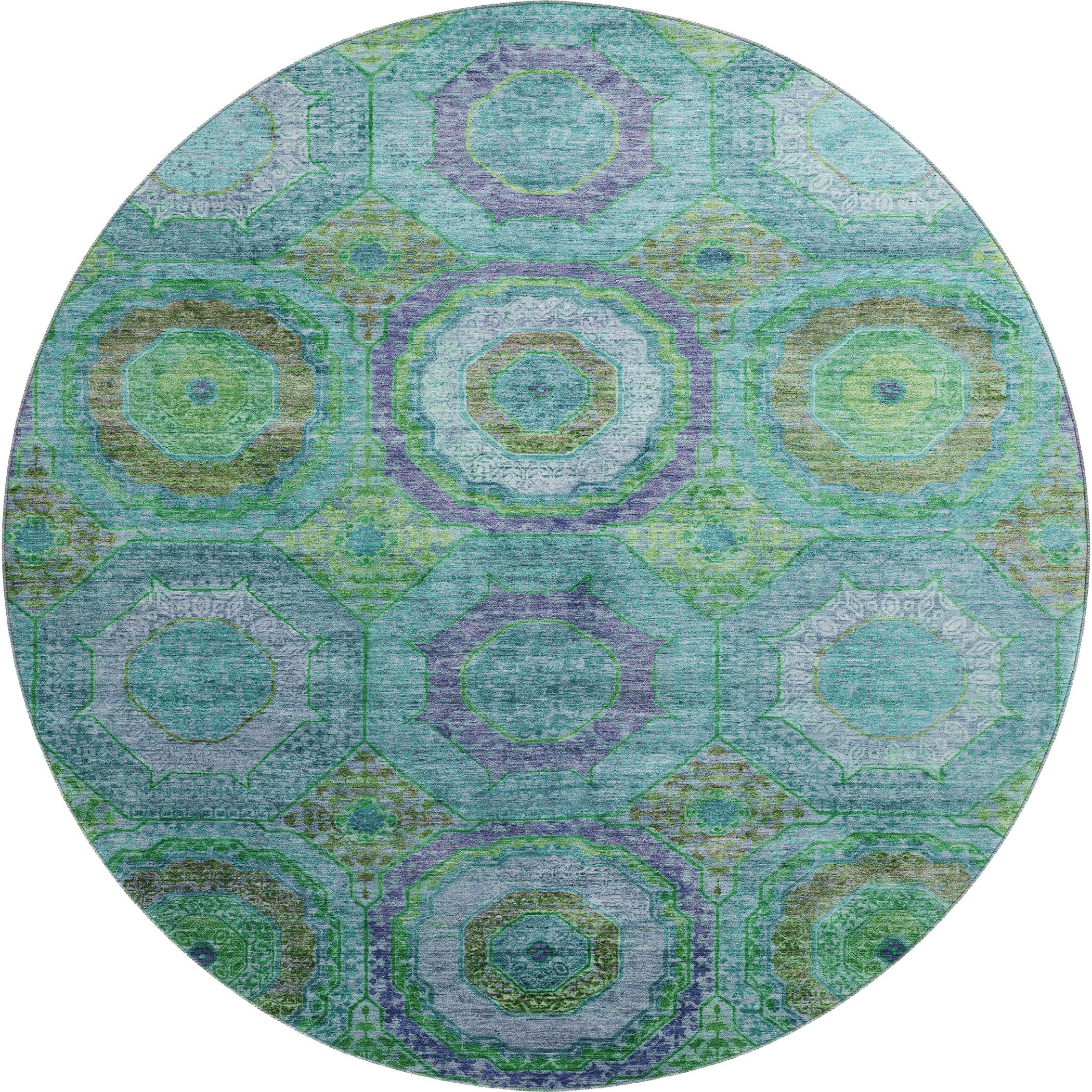 Athens Machine Washable Transitional Teal Rug 8' x 8' #shape_Round