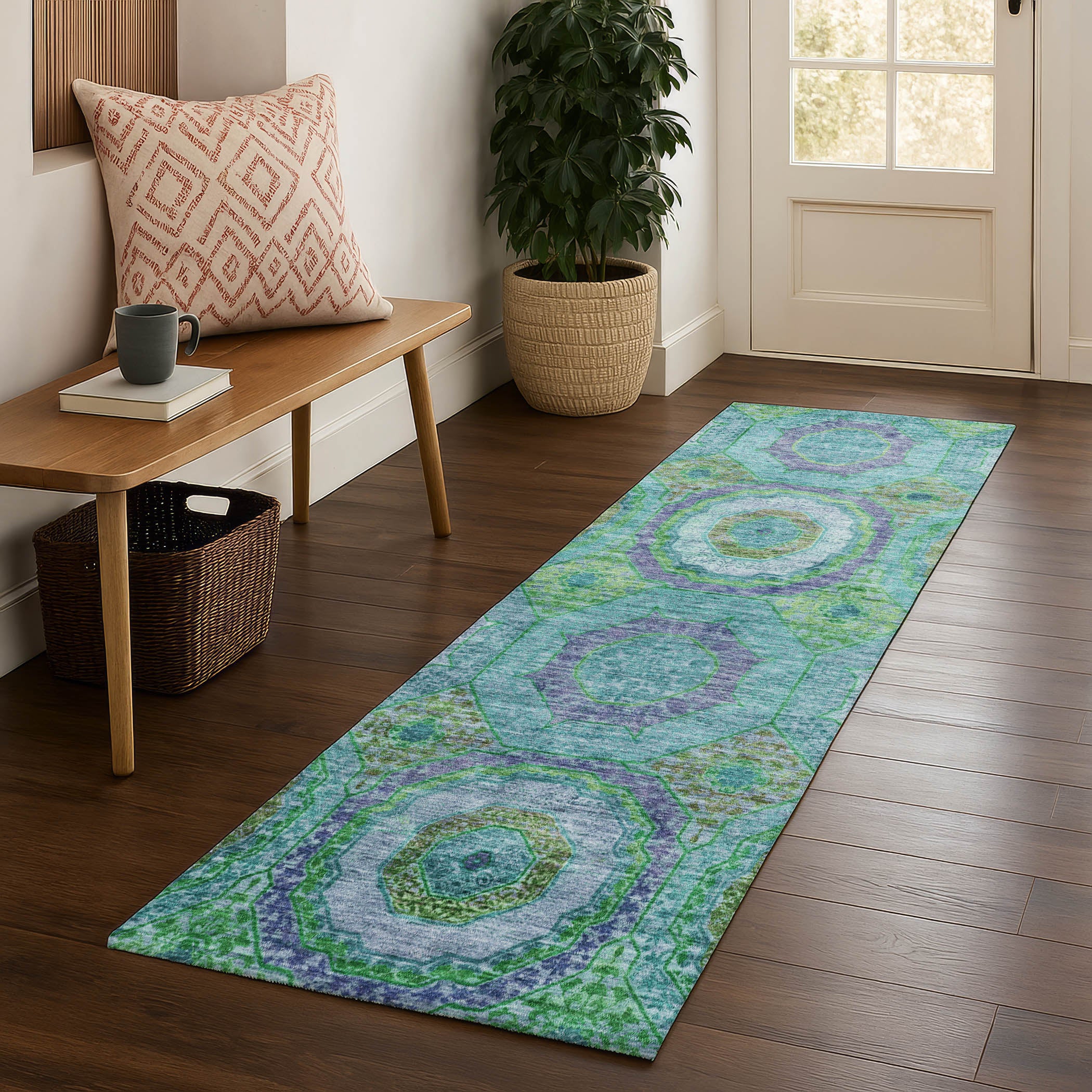 Athens Machine Washable Transitional Teal Rug 2'3" x 7'6" #shape_Runner