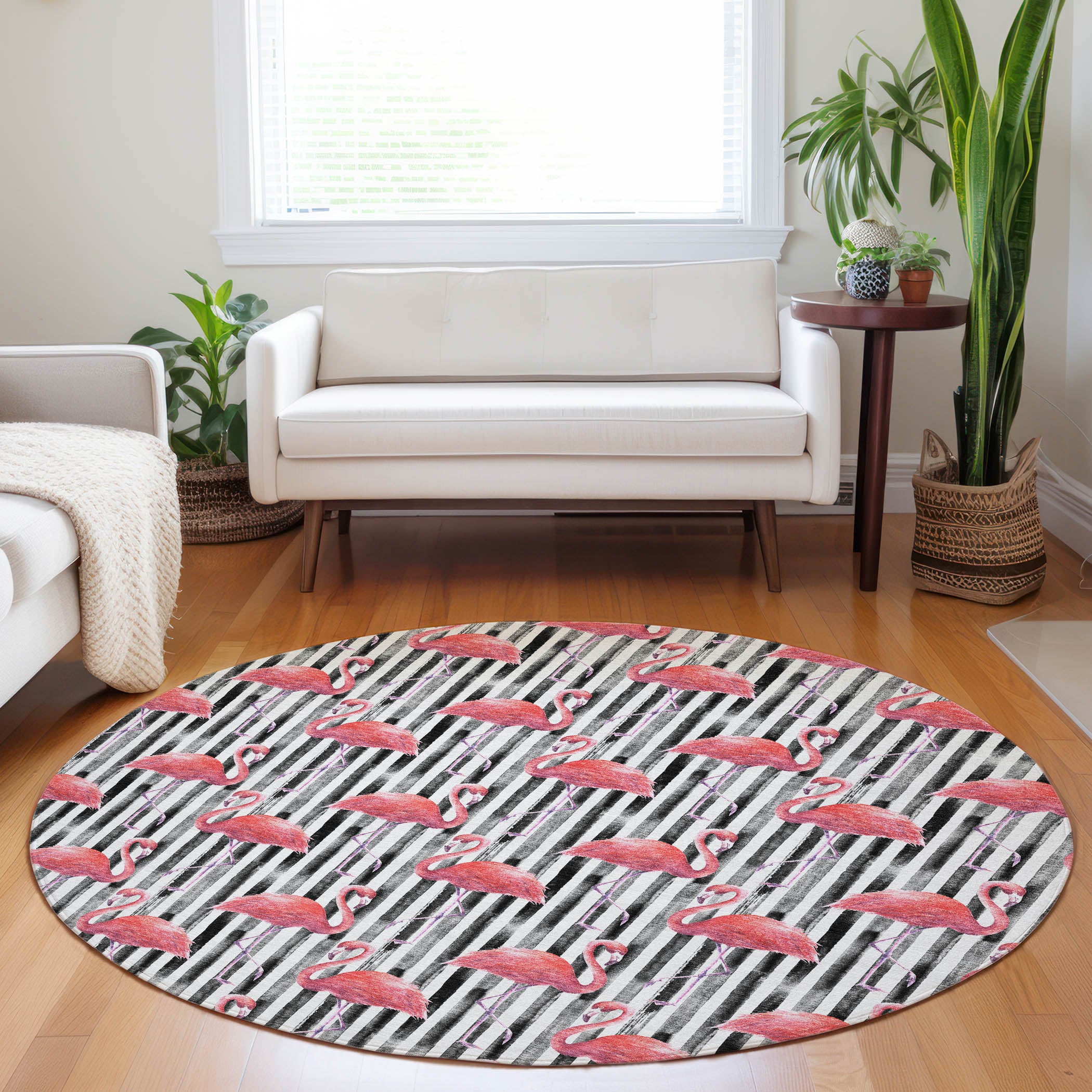 Marrakech Machine Washable Tropical Pink Black Rug 8' x 8' #shape_Round