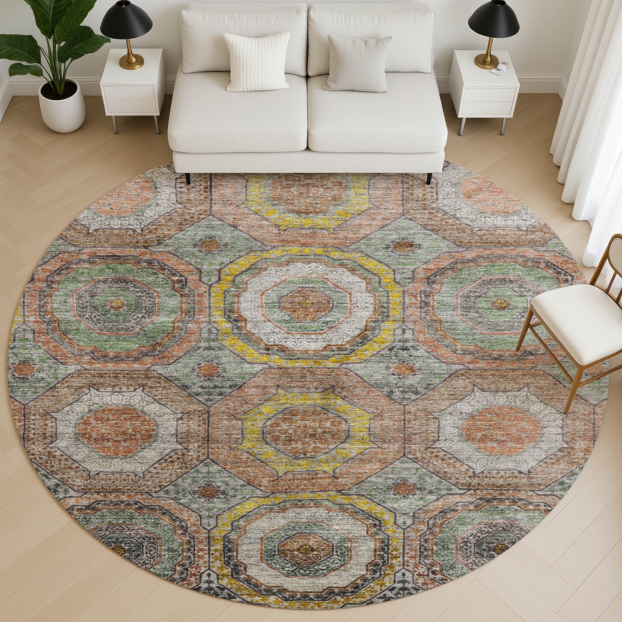 Budapest Machine Washable Transitional Sage Green Rug 8' x 8' #shape_Round