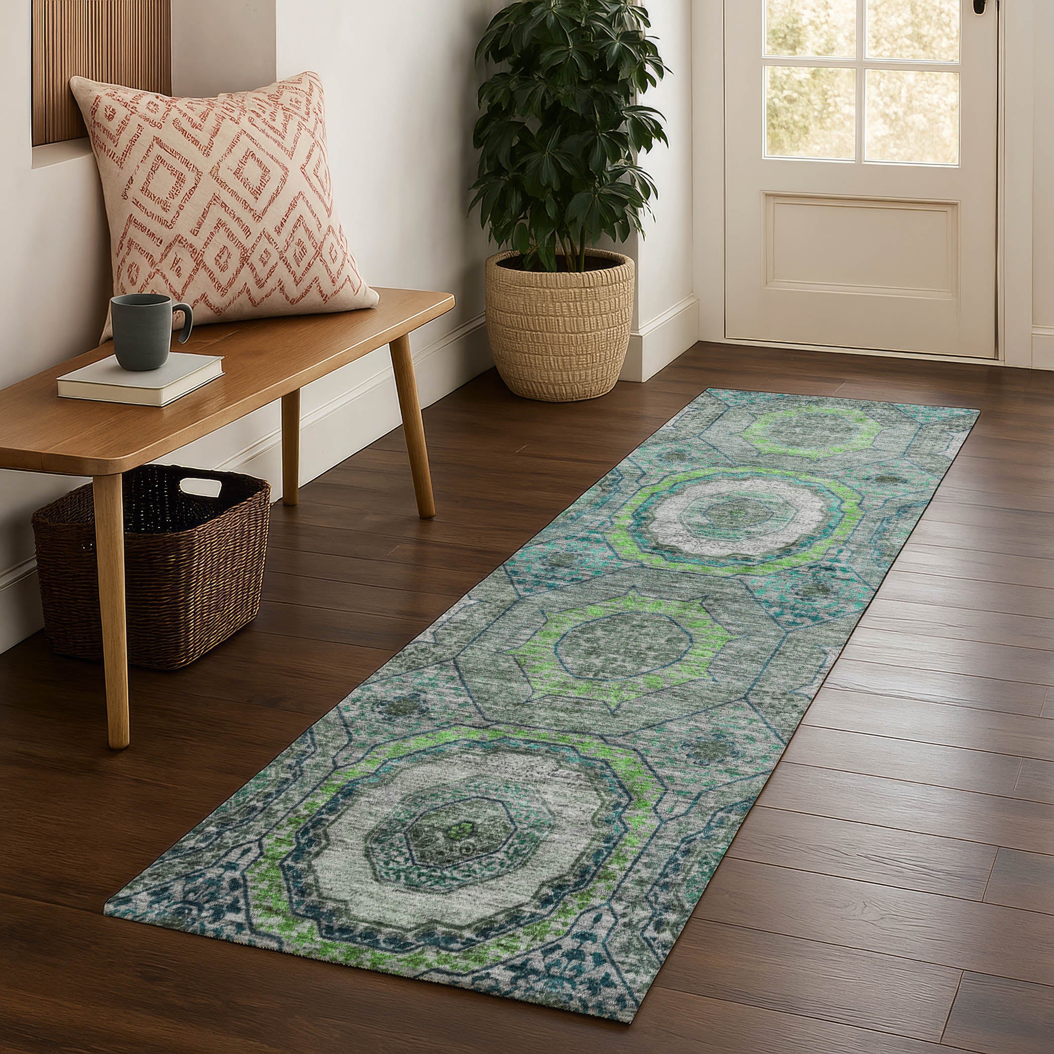 Budapest Machine Washable Transitional Teal Rug 2'3" x 7'6" #shape_Runner