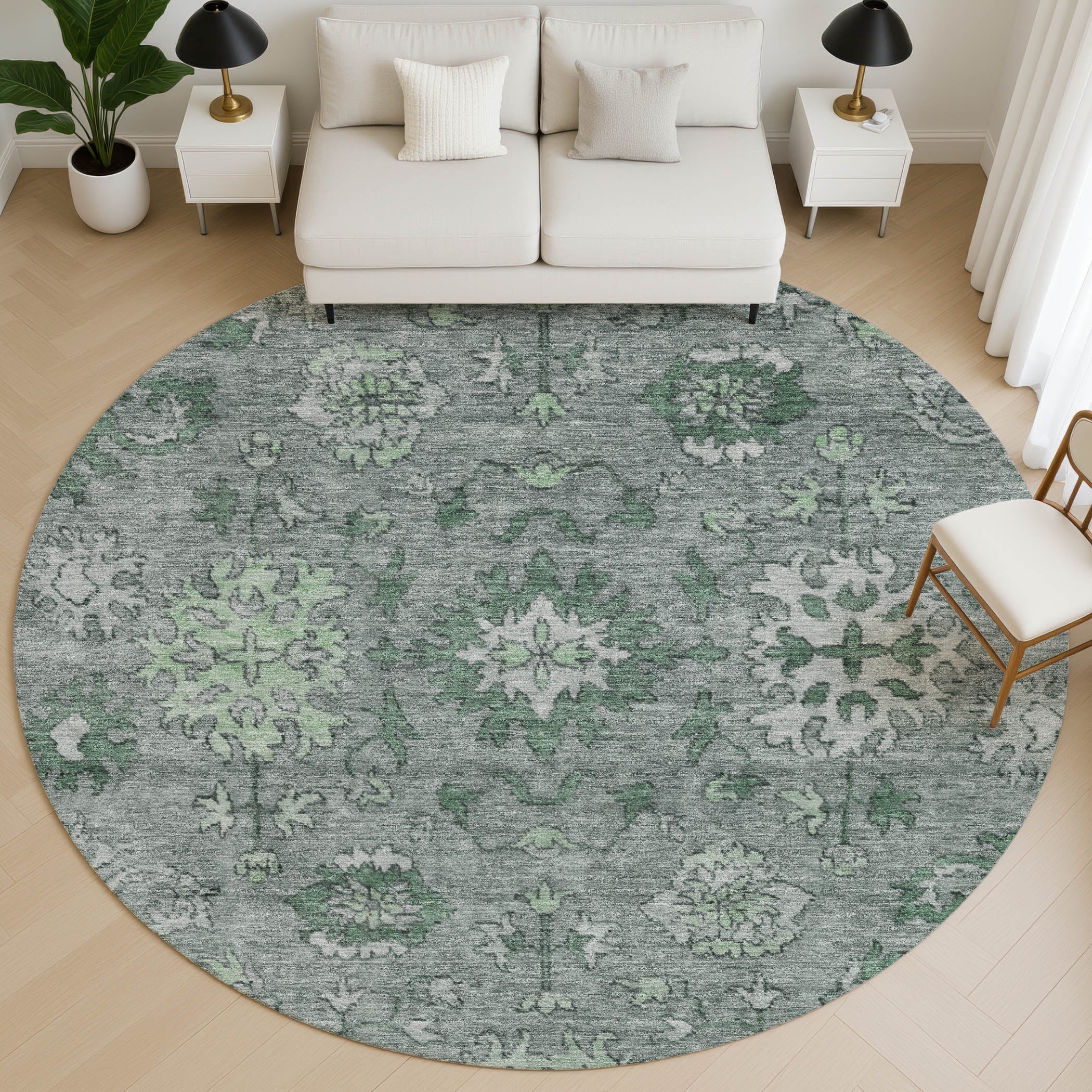 Split Machine Washable Traditional Aloe Green Rug 8' x 8' #shape_Round
