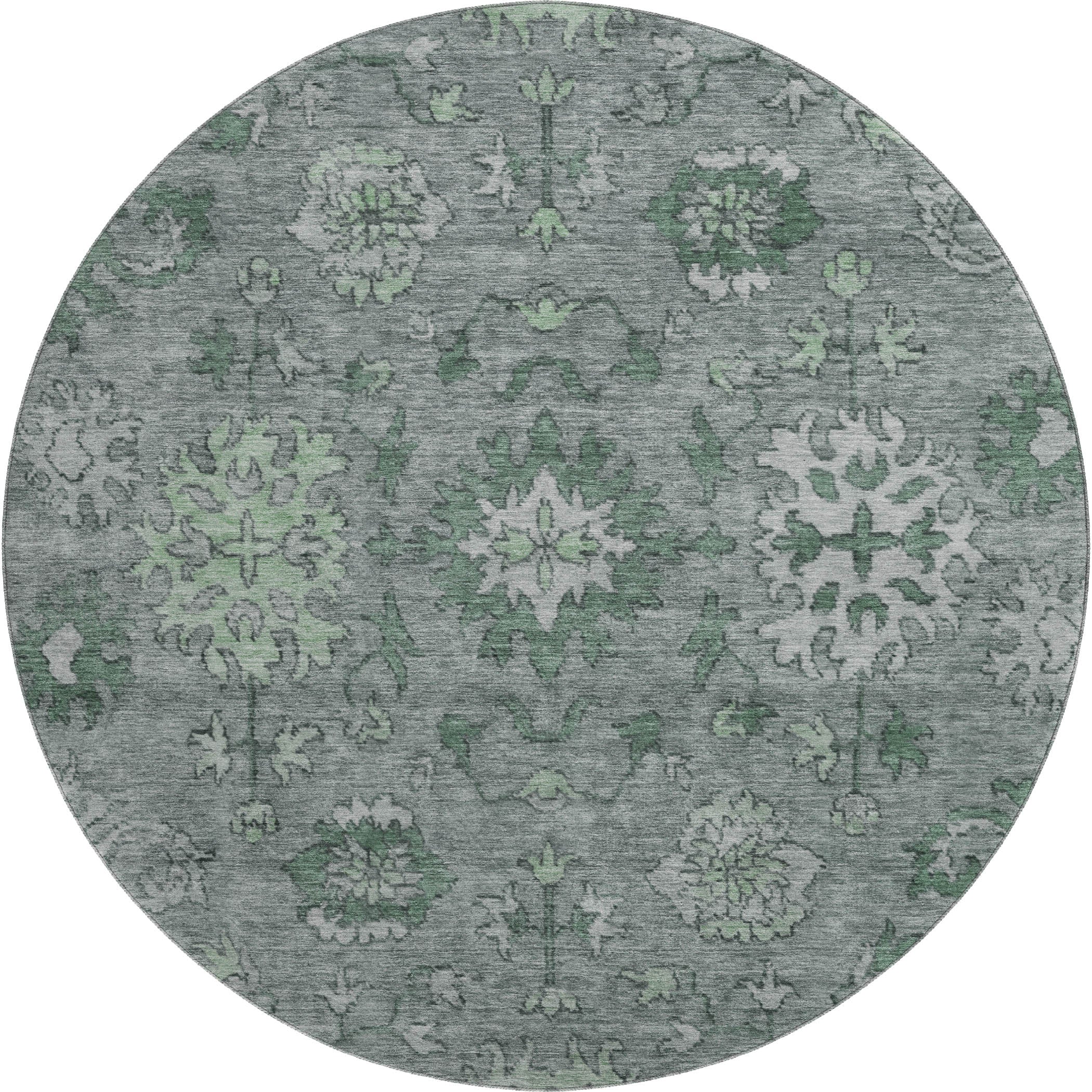Split Machine Washable Traditional Aloe Green Rug 8' x 8' #shape_Round