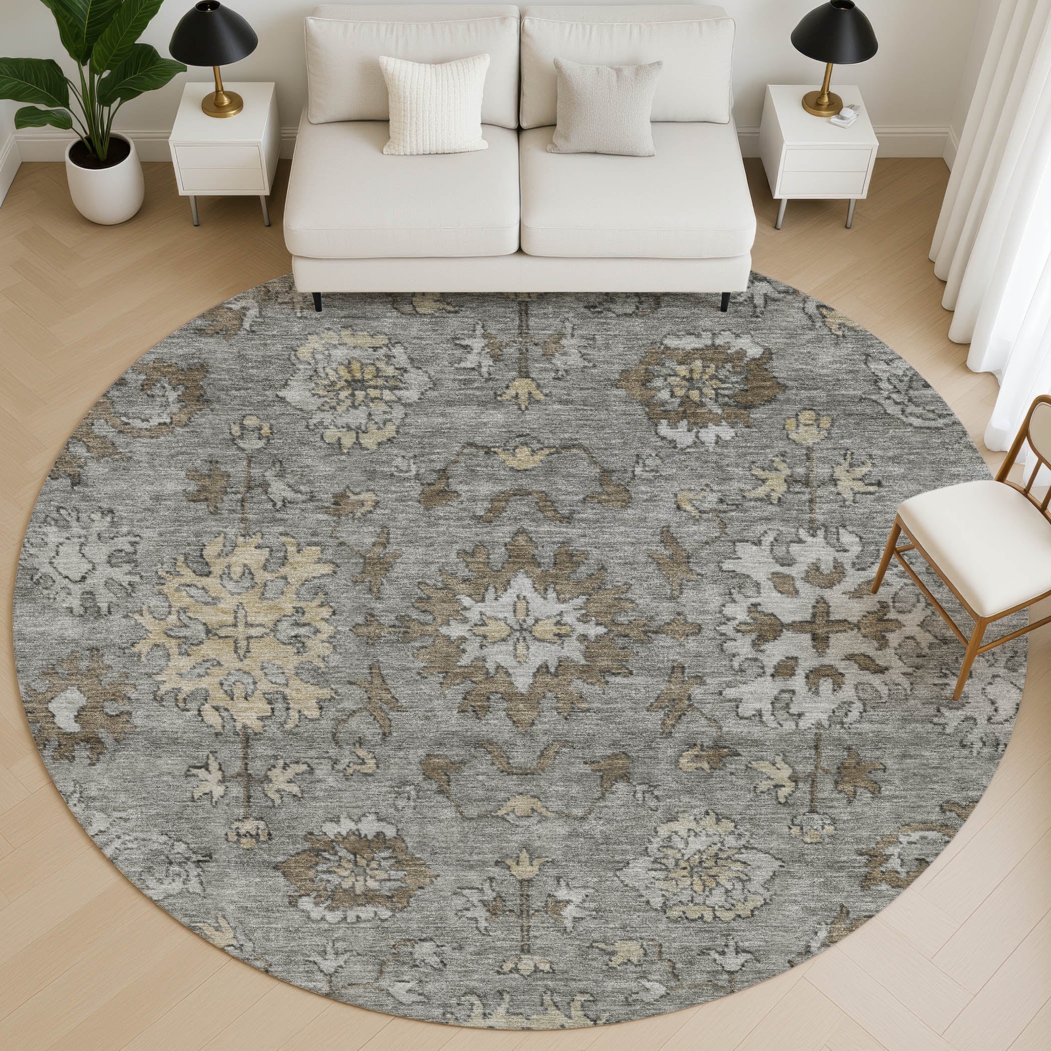 Split Machine Washable Traditional Pewter Gray Rug 8' x 8' #shape_Round