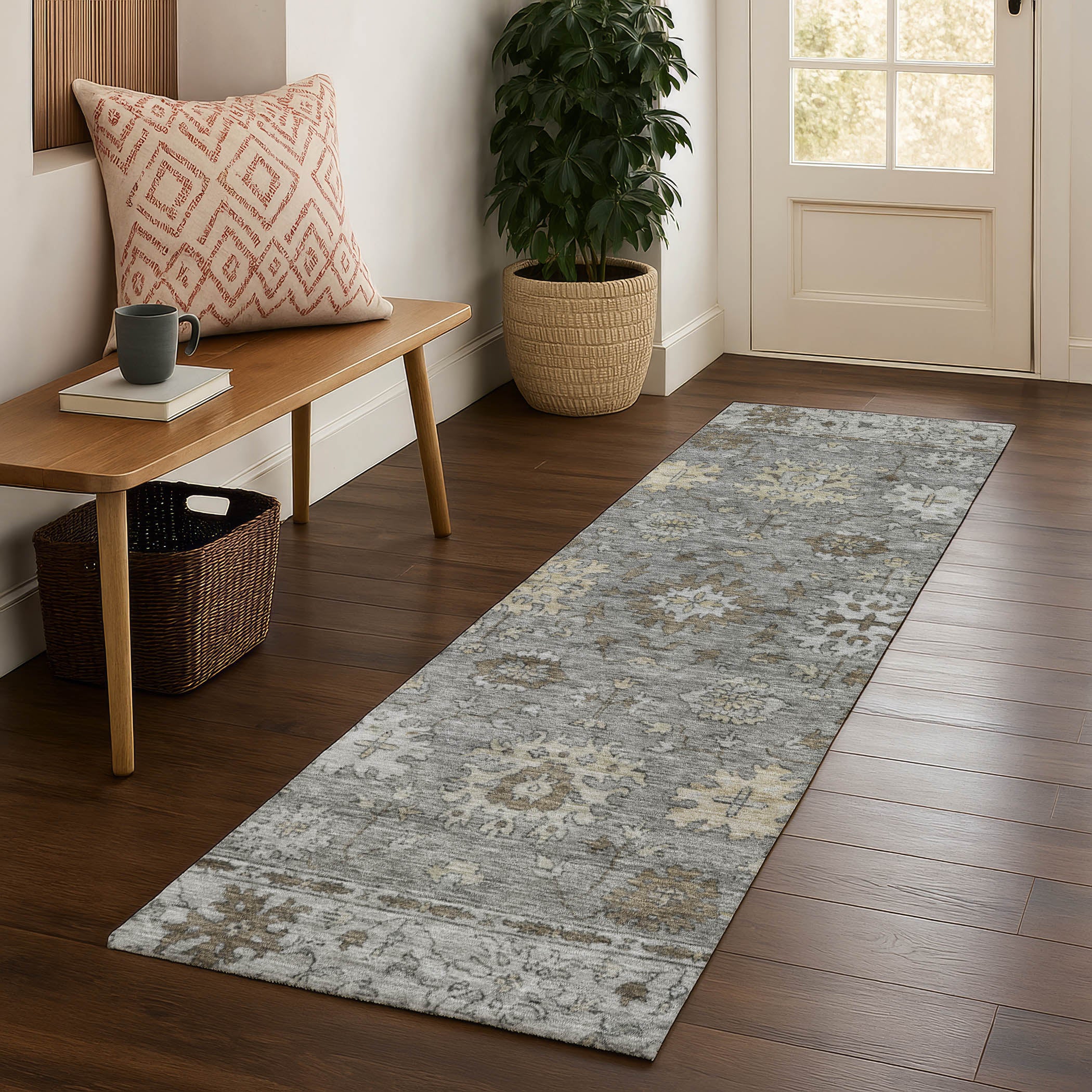 Split Machine Washable Traditional Pewter Gray Rug 2'3" x 7'6" #shape_Runner