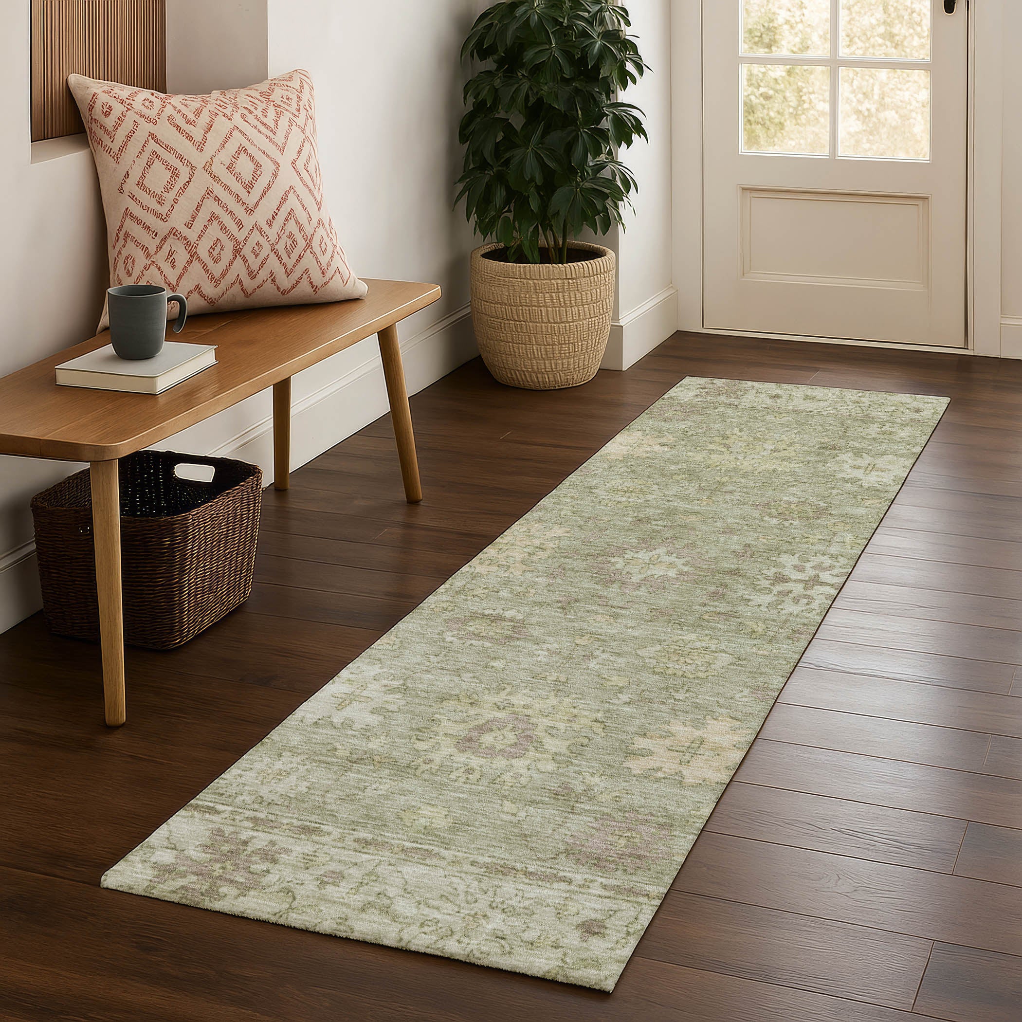 Split Machine Washable Traditional Sage Green Rug 2'3" x 7'6" #shape_Runner
