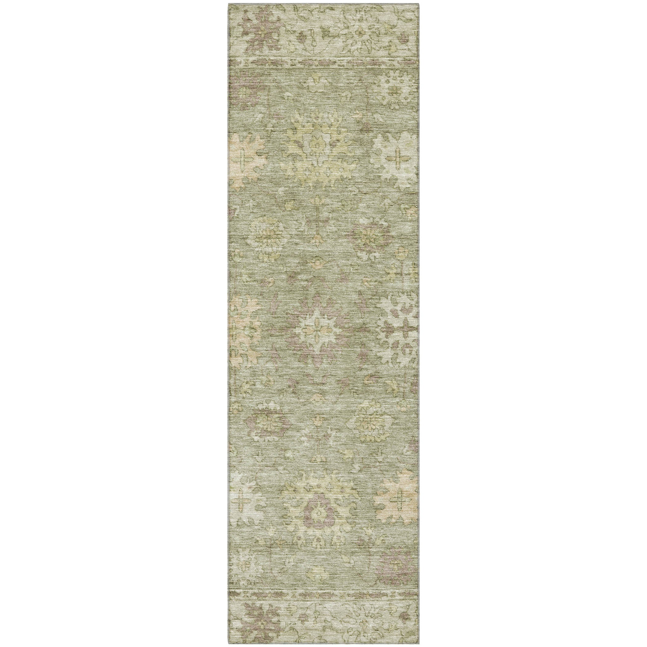 Split Machine Washable Traditional Sage Green Rug 2'3" x 7'6" #shape_Runner