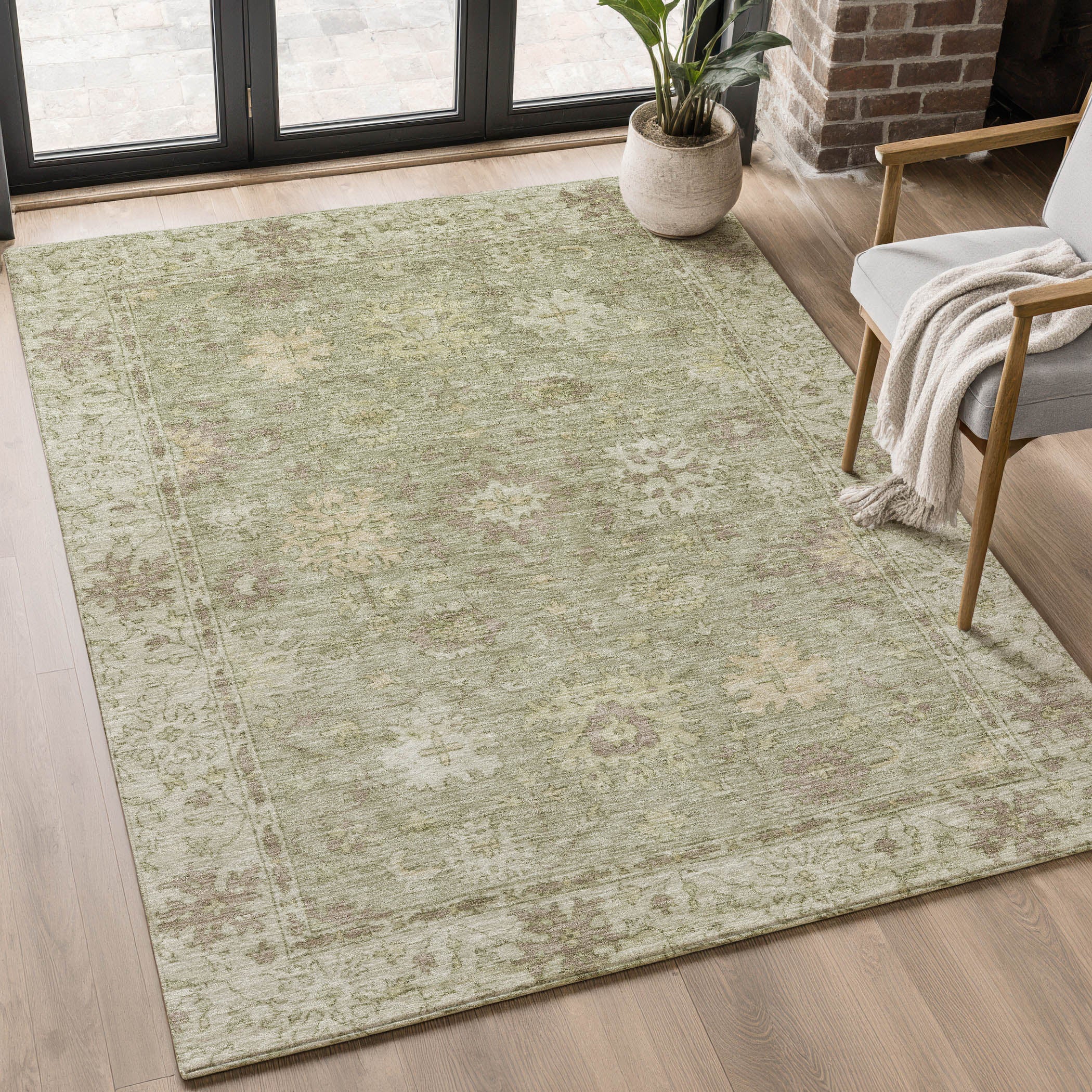 Split Machine Washable Traditional Sage Green Rug 2'6" x 3'10" #shape_Rectangle