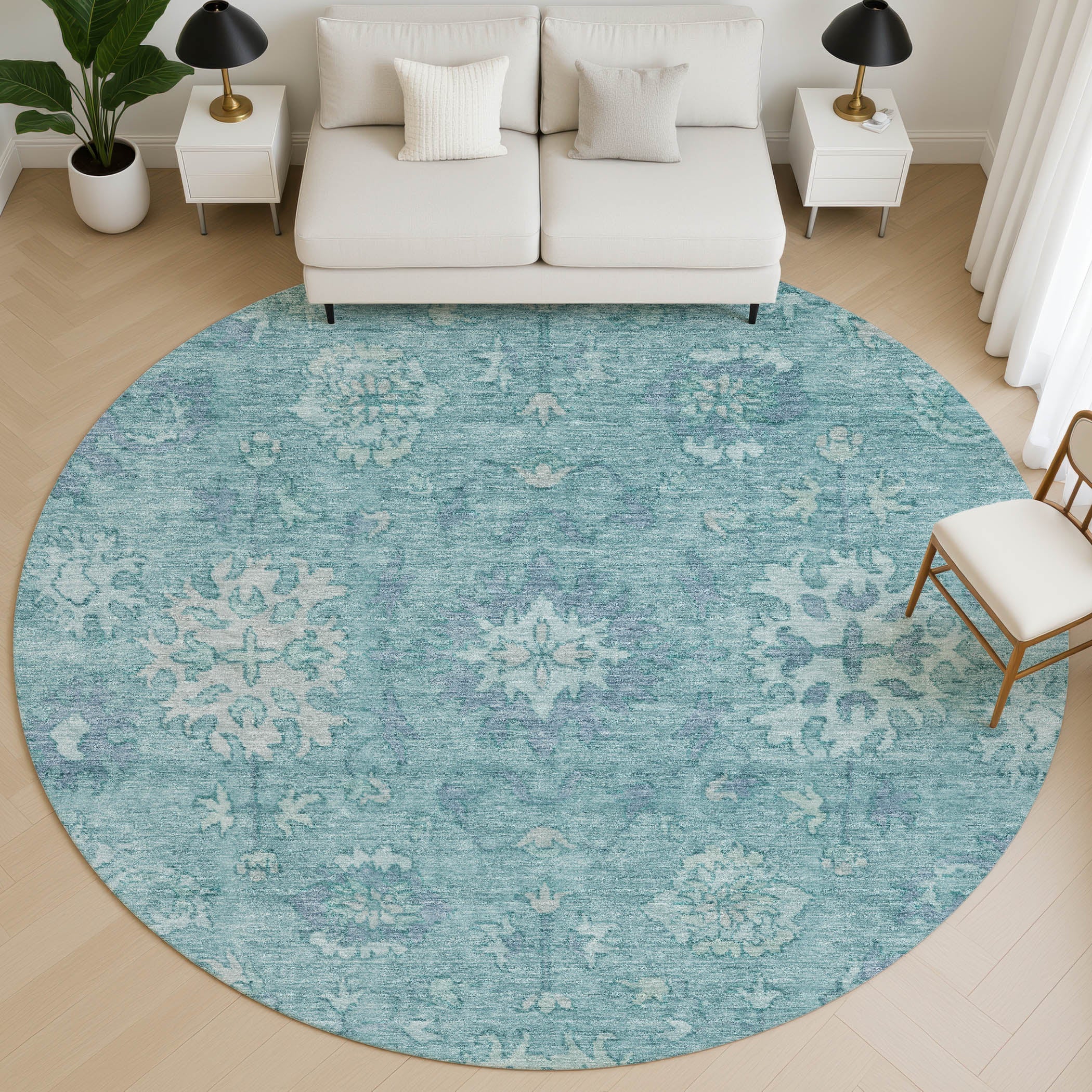 Split Machine Washable Traditional Teal Rug 8' x 8' #shape_Round