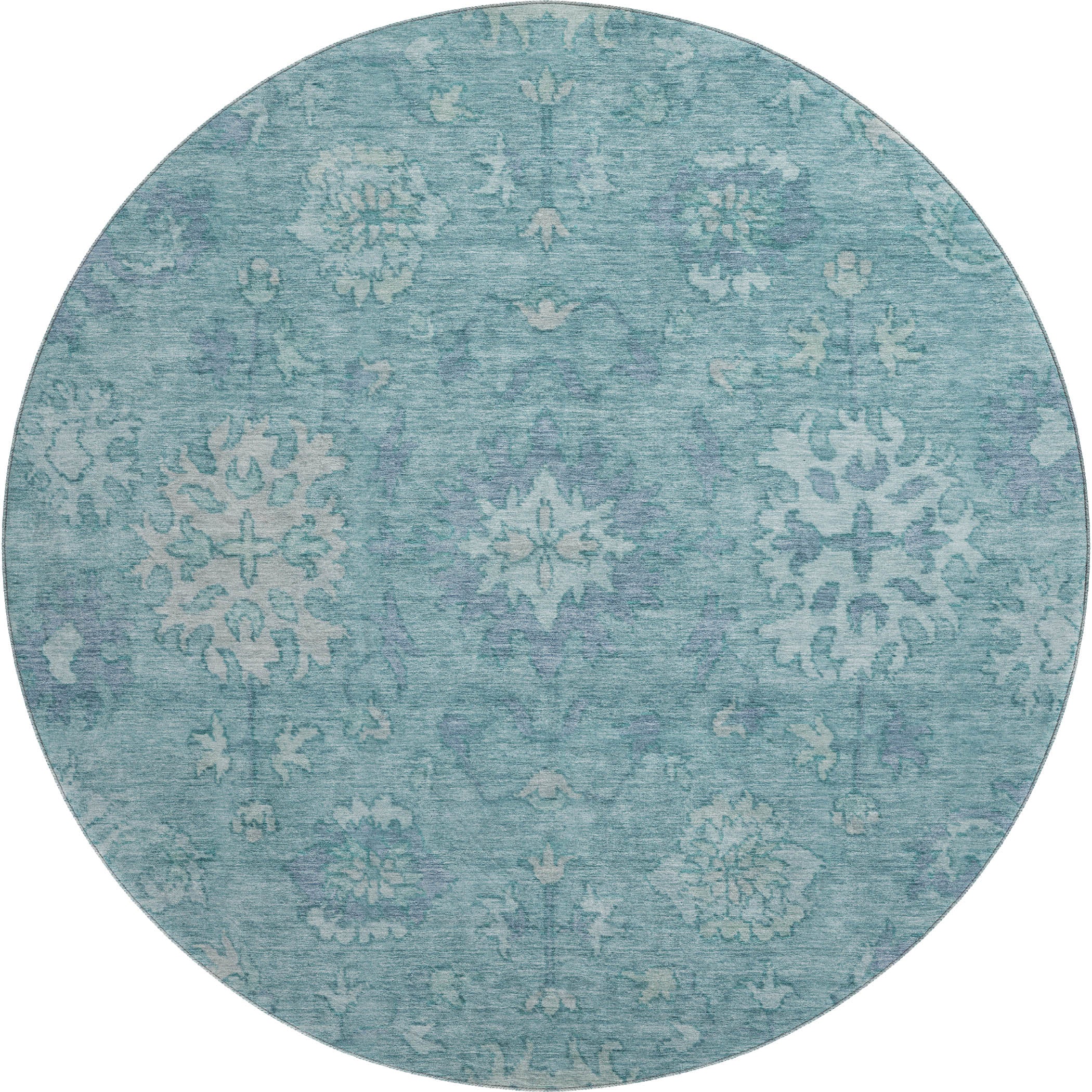 Split Machine Washable Traditional Teal Rug 8' x 8' #shape_Round