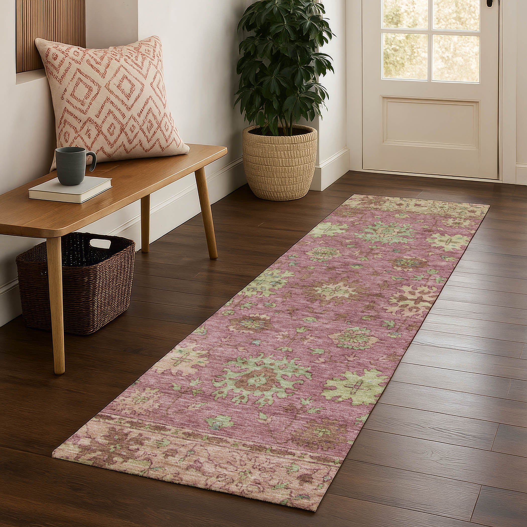 Prague Machine Washable Traditional Pink Rug 2'3" x 7'6" #shape_Runner