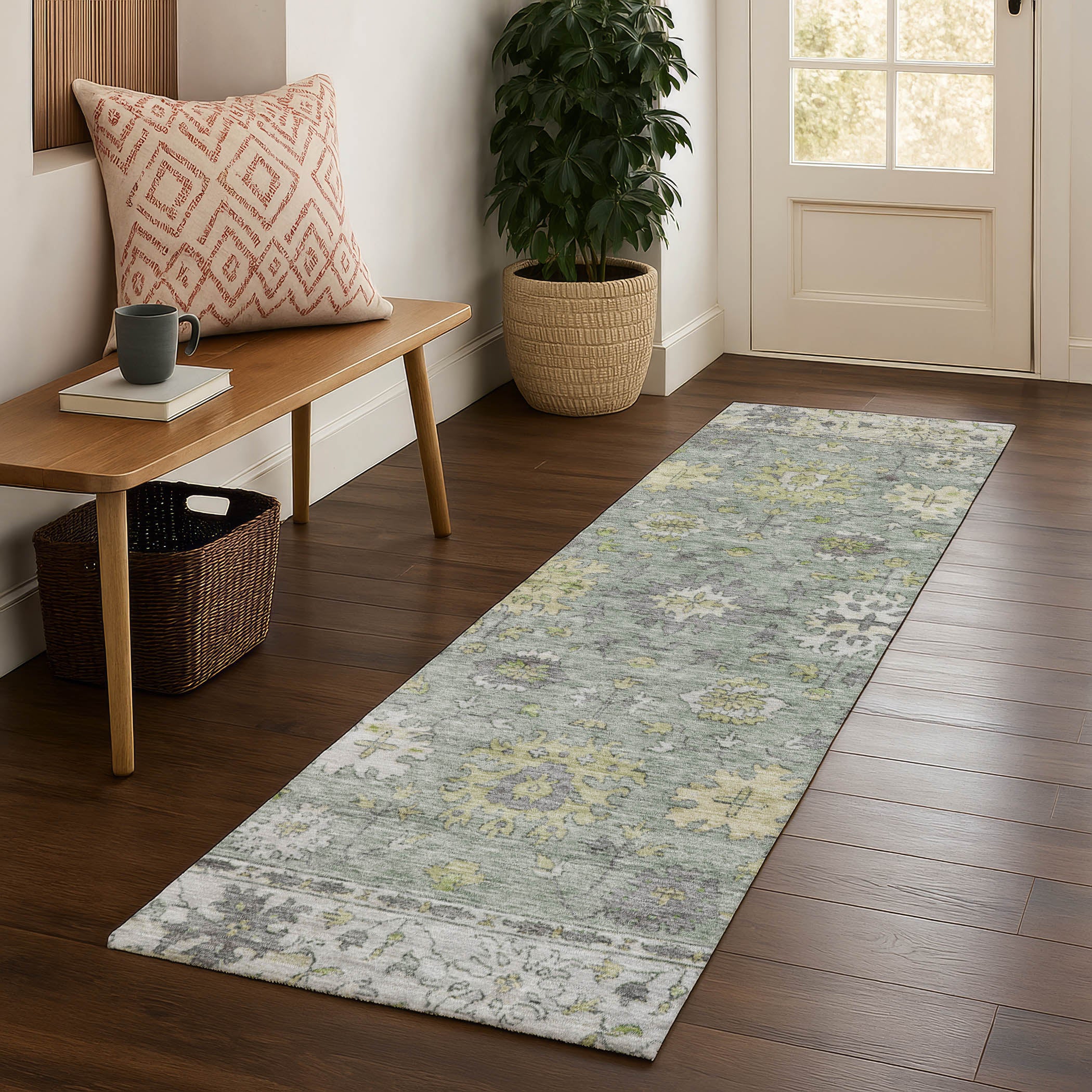 Prague Machine Washable Traditional Sage Green Rug 2'3" x 7'6" #shape_Runner
