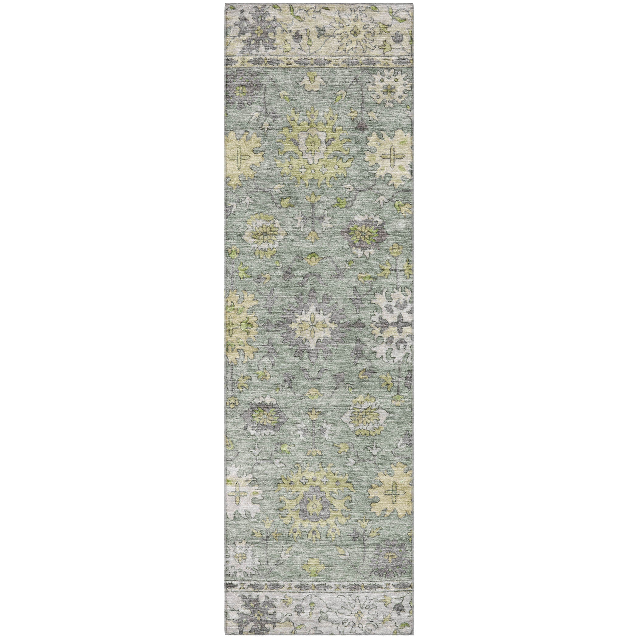 Prague Machine Washable Traditional Sage Green Rug 2'3" x 7'6" #shape_Runner