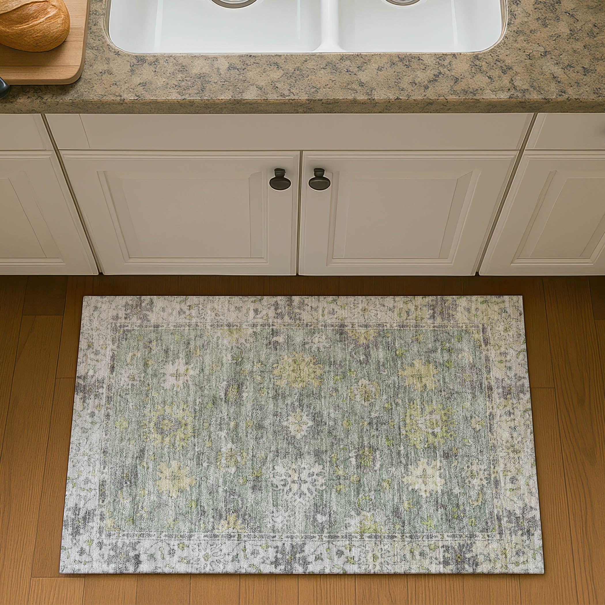 Prague Machine Washable Traditional Sage Green Rug 1'8" x 2'6" #shape_Rectangle