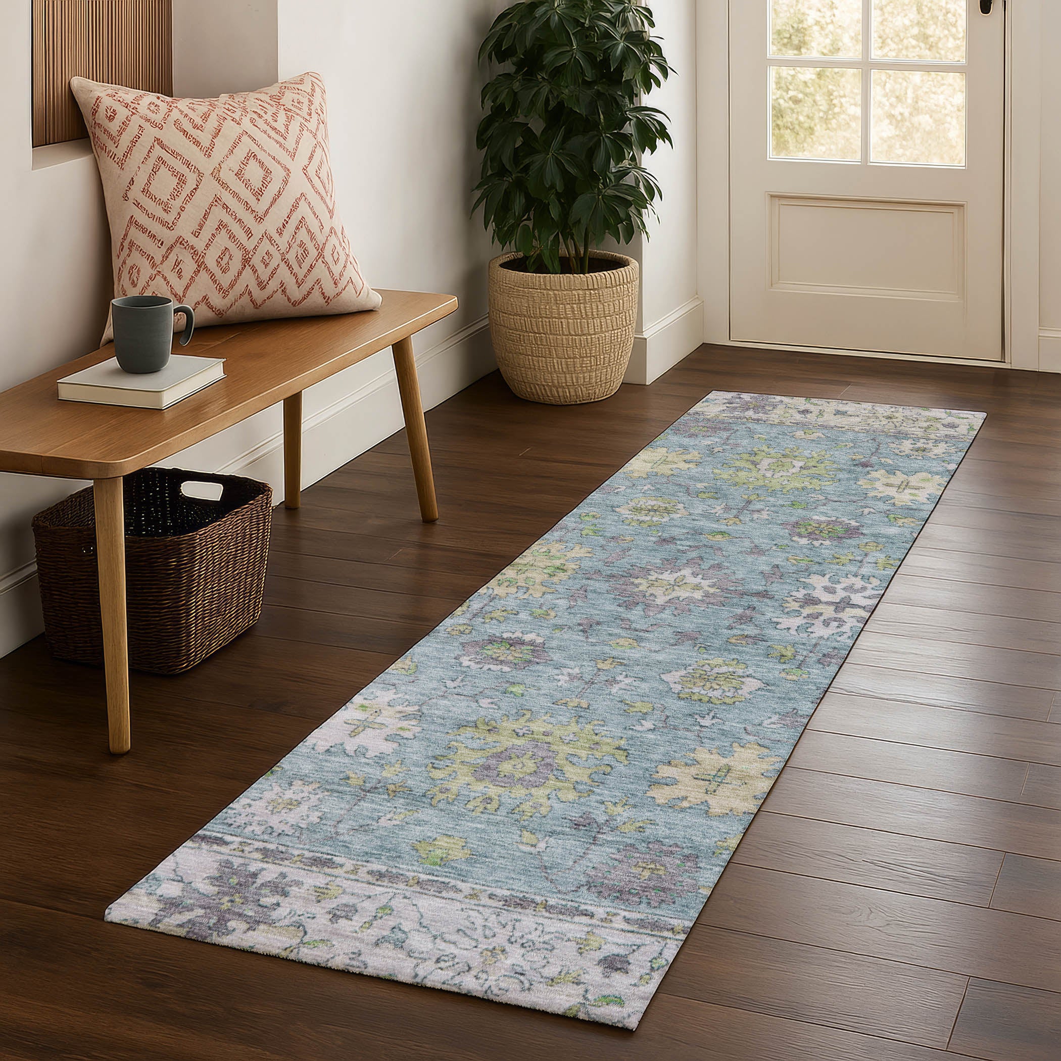 Prague Machine Washable Traditional Seafoam Blue Rug 2'3" x 7'6" #shape_Runner