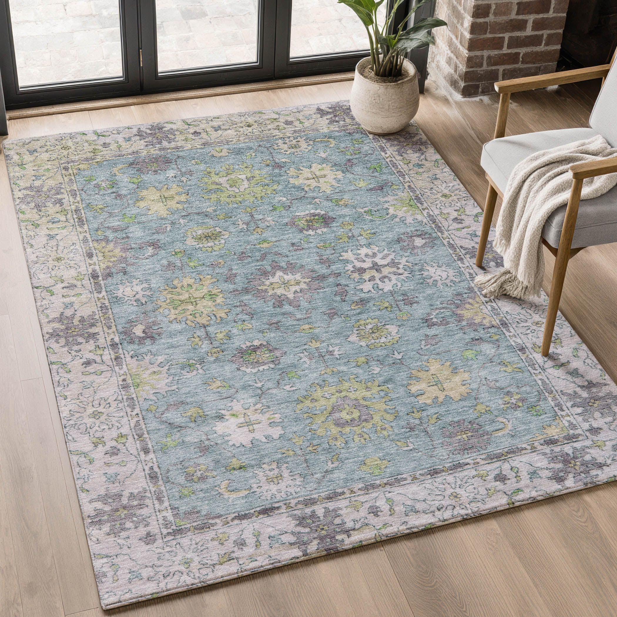 Prague Machine Washable Traditional Seafoam Blue Rug 2'6" x 3'10" #shape_Rectangle