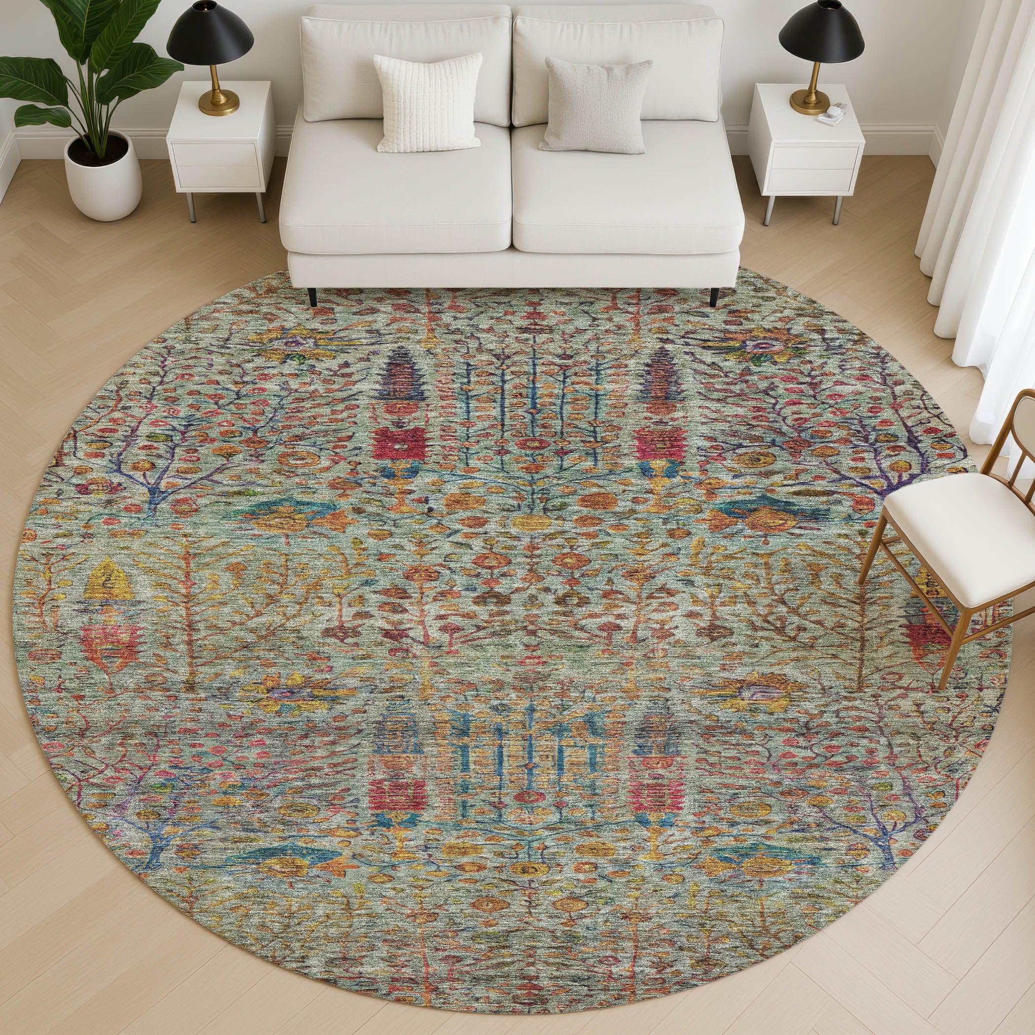Antigua Machine Washable Transitional Green Rug 8' x 8' #shape_Round
