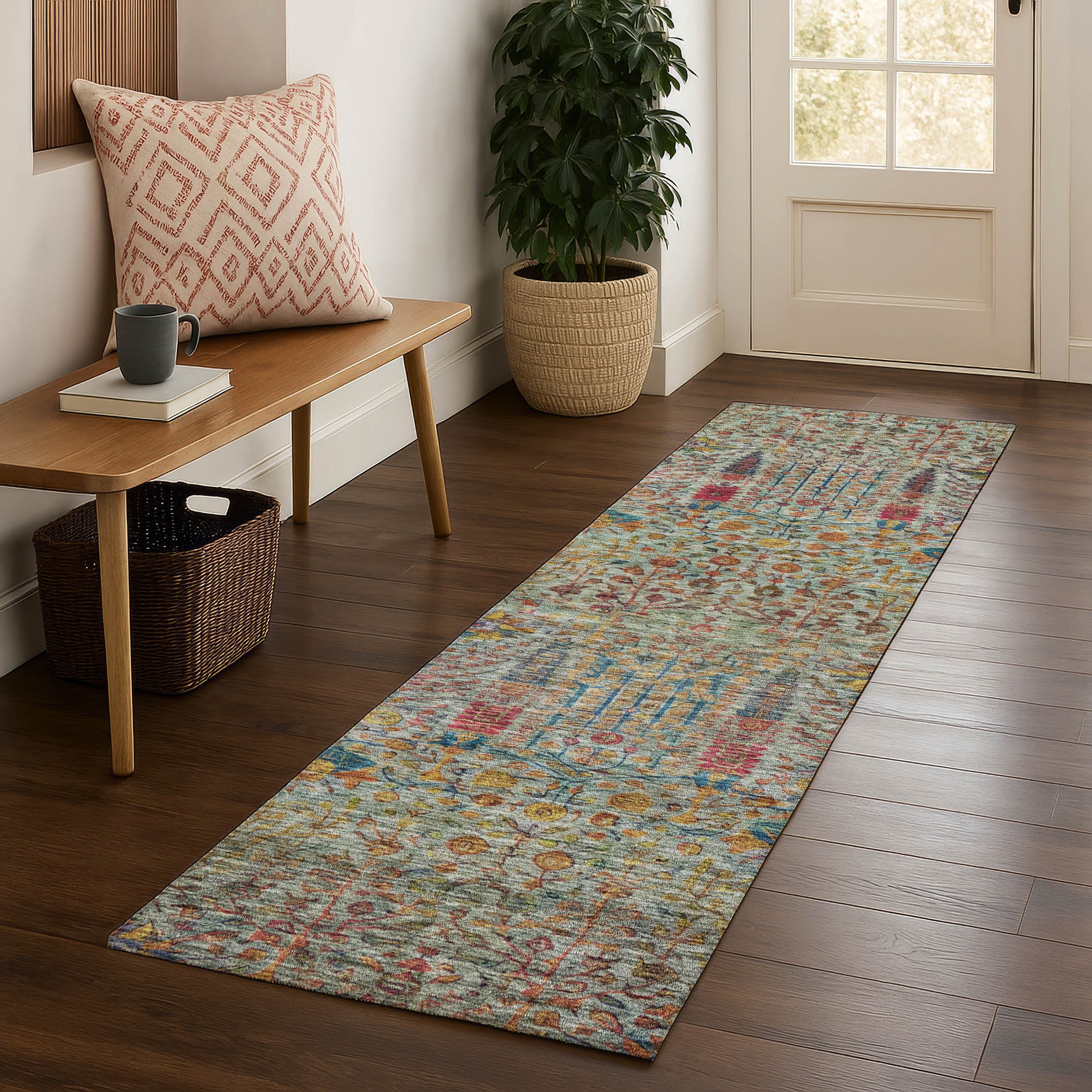Antigua Machine Washable Transitional Green Rug 2'3" x 7'6" #shape_Runner